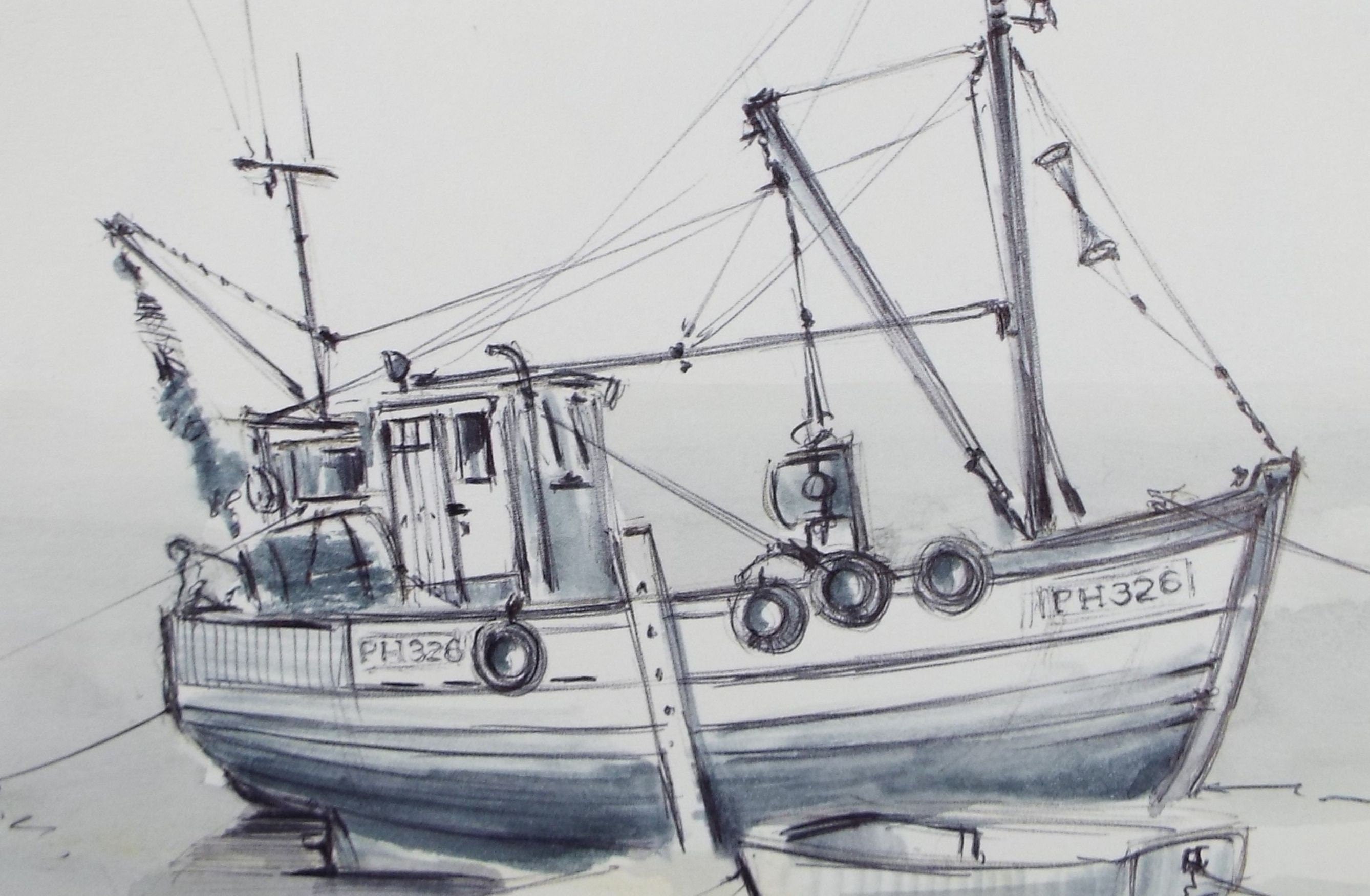 Original Watercolour & Ink, 'Trawler, Teignmouth', Dated 1995  Artist Unknown