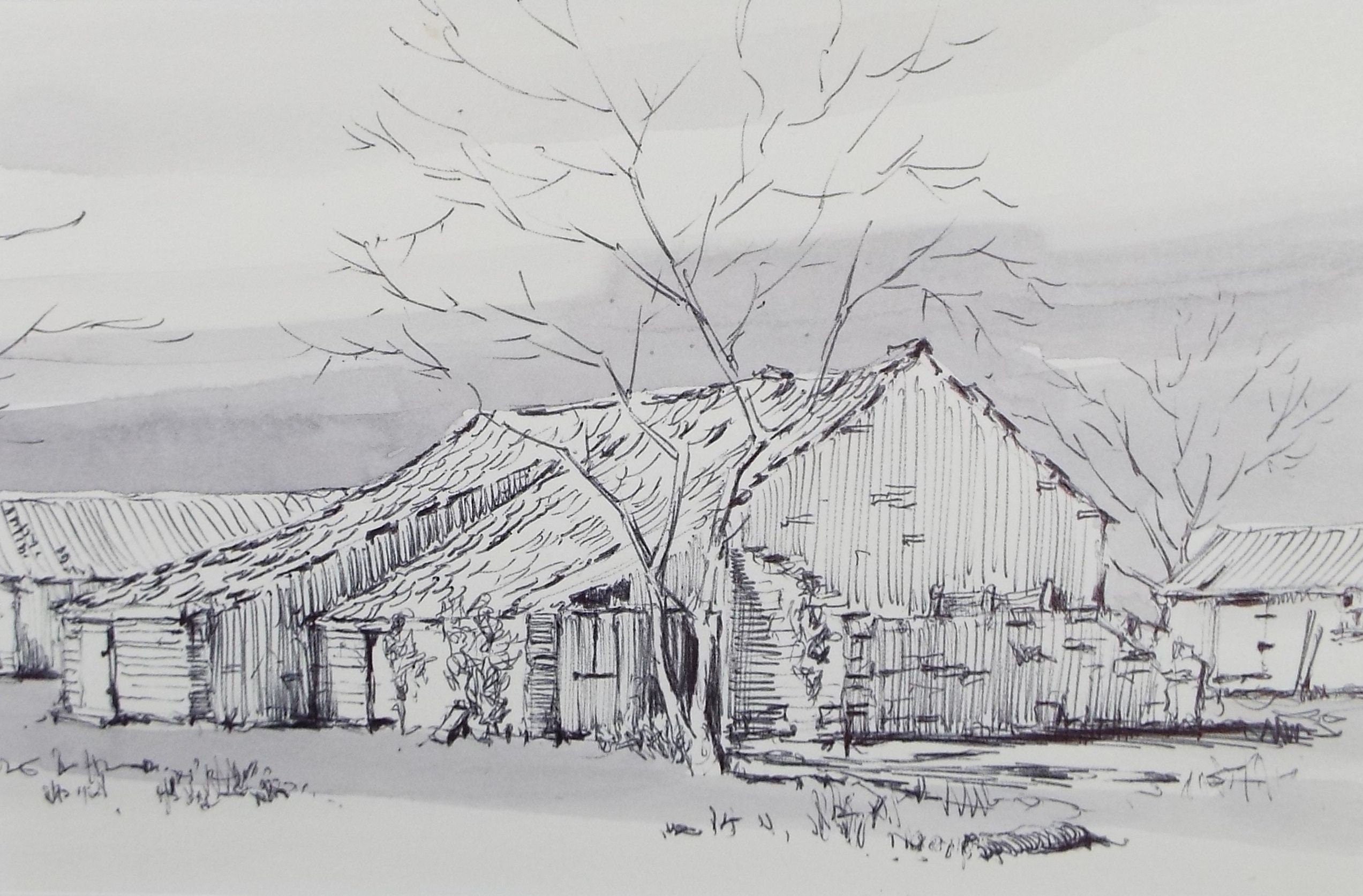 Original Watercolour & Ink, 'Barns', Circa 1993,  Artist Unknown