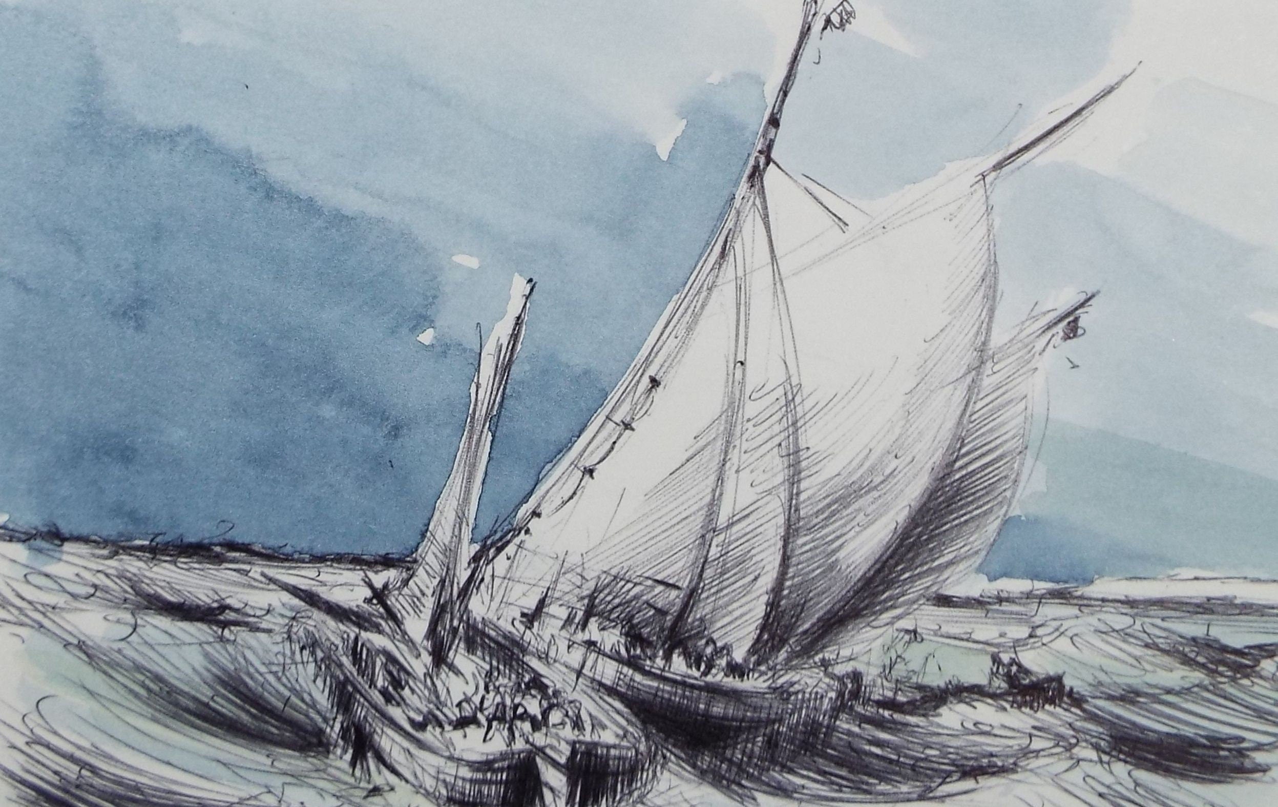 Original Watercolour & Ink, 'Dutch Boats Calais', Circa 1990's,  Artist Unknown