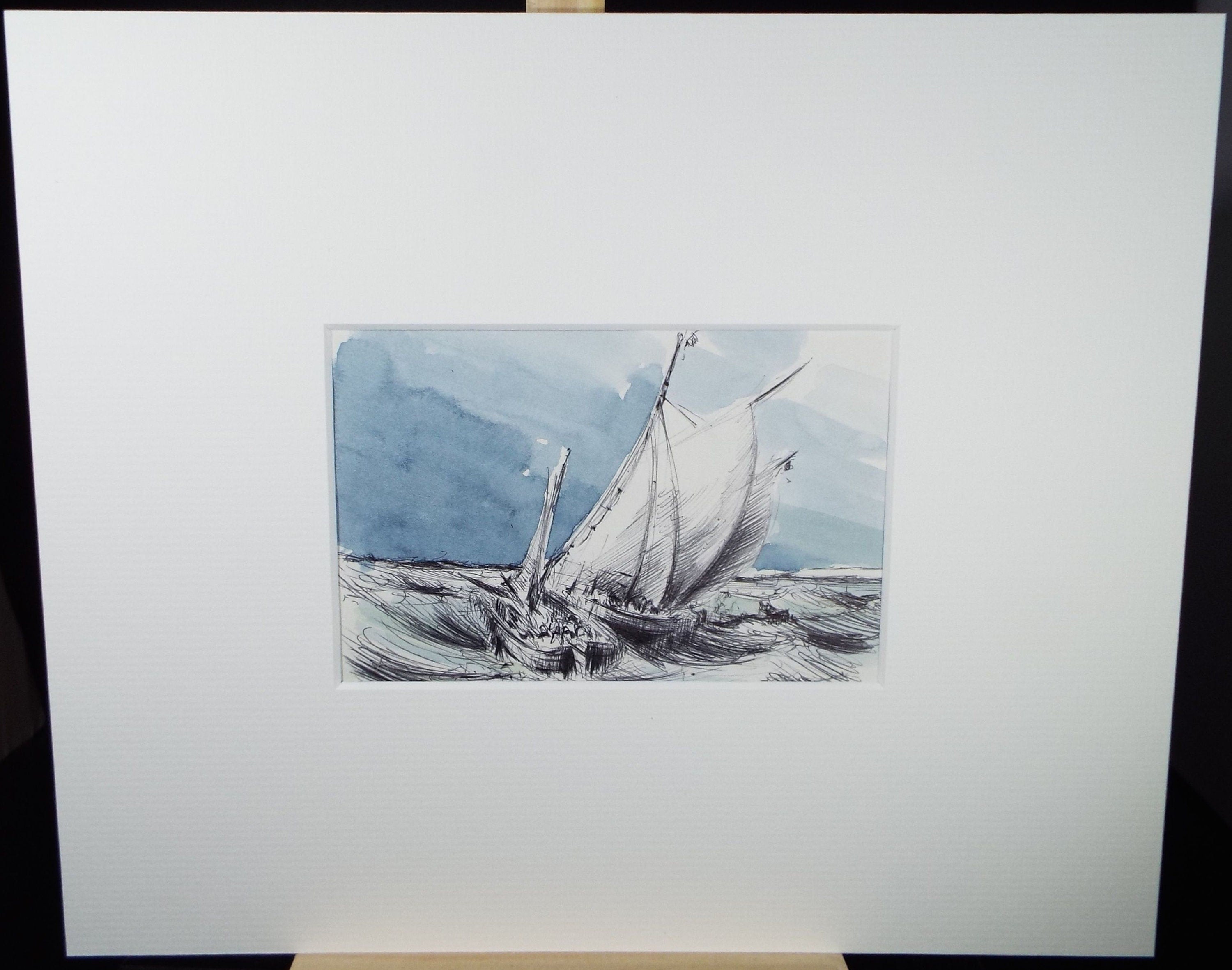 Original Watercolour & Ink, 'Dutch Boats Calais', Circa 1990's,  Artist Unknown