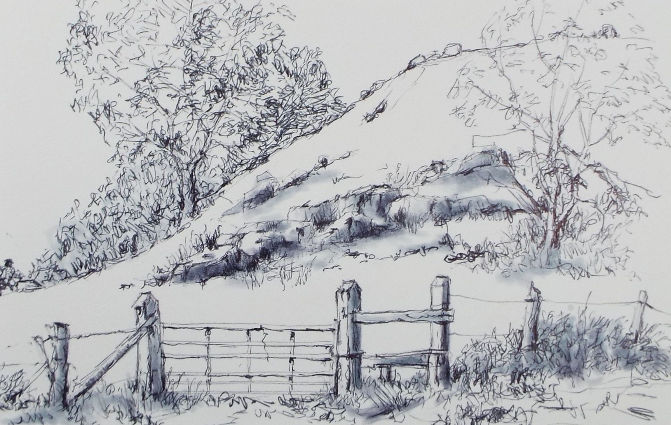 Original Watercolour & Ink, 'Hilly Field, Circa 1990's,  Artist Unknown