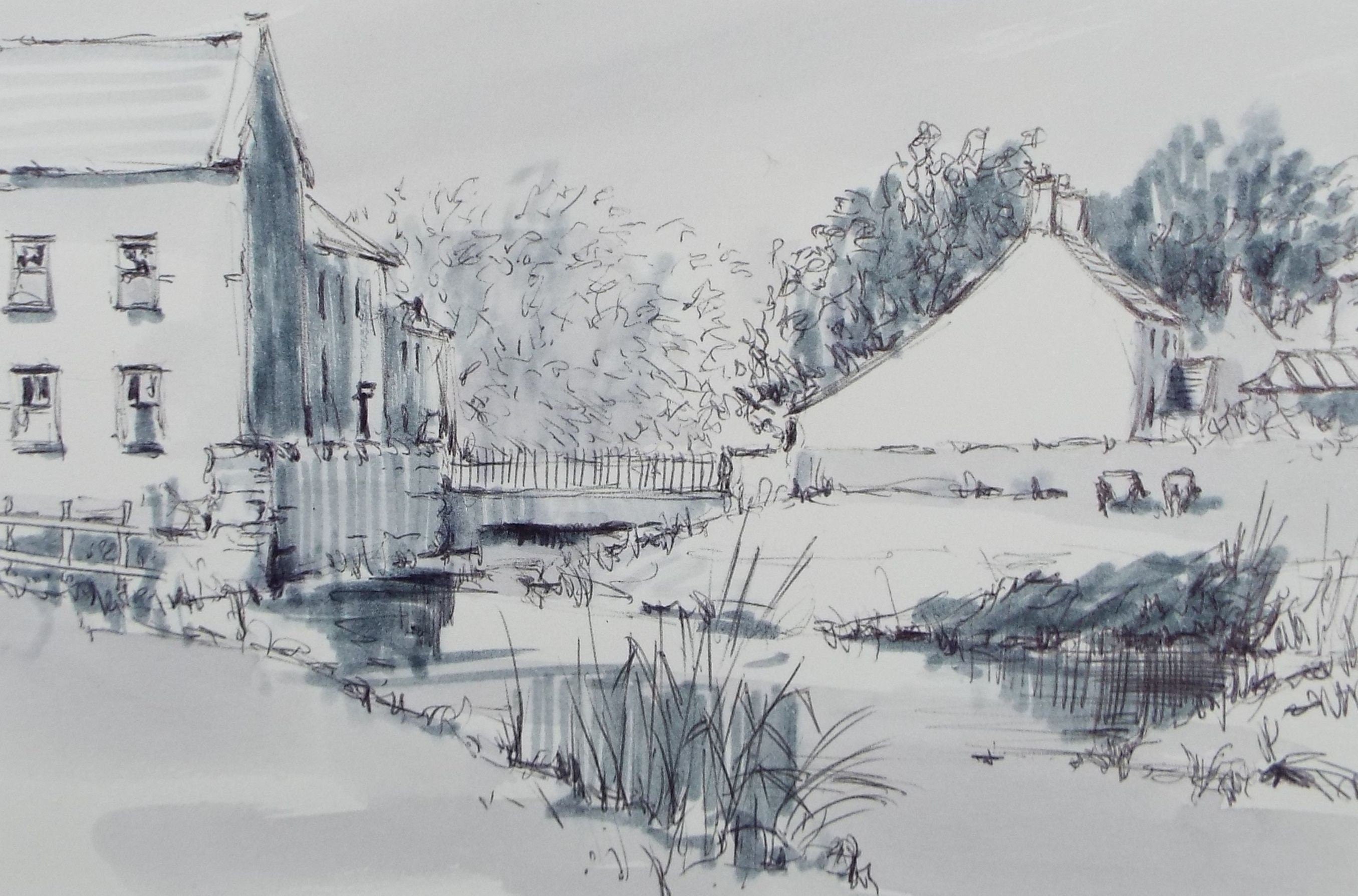 Original Watercolour & Ink, 'Riverside Buildings', Circa 1990's,  Artist Unknown