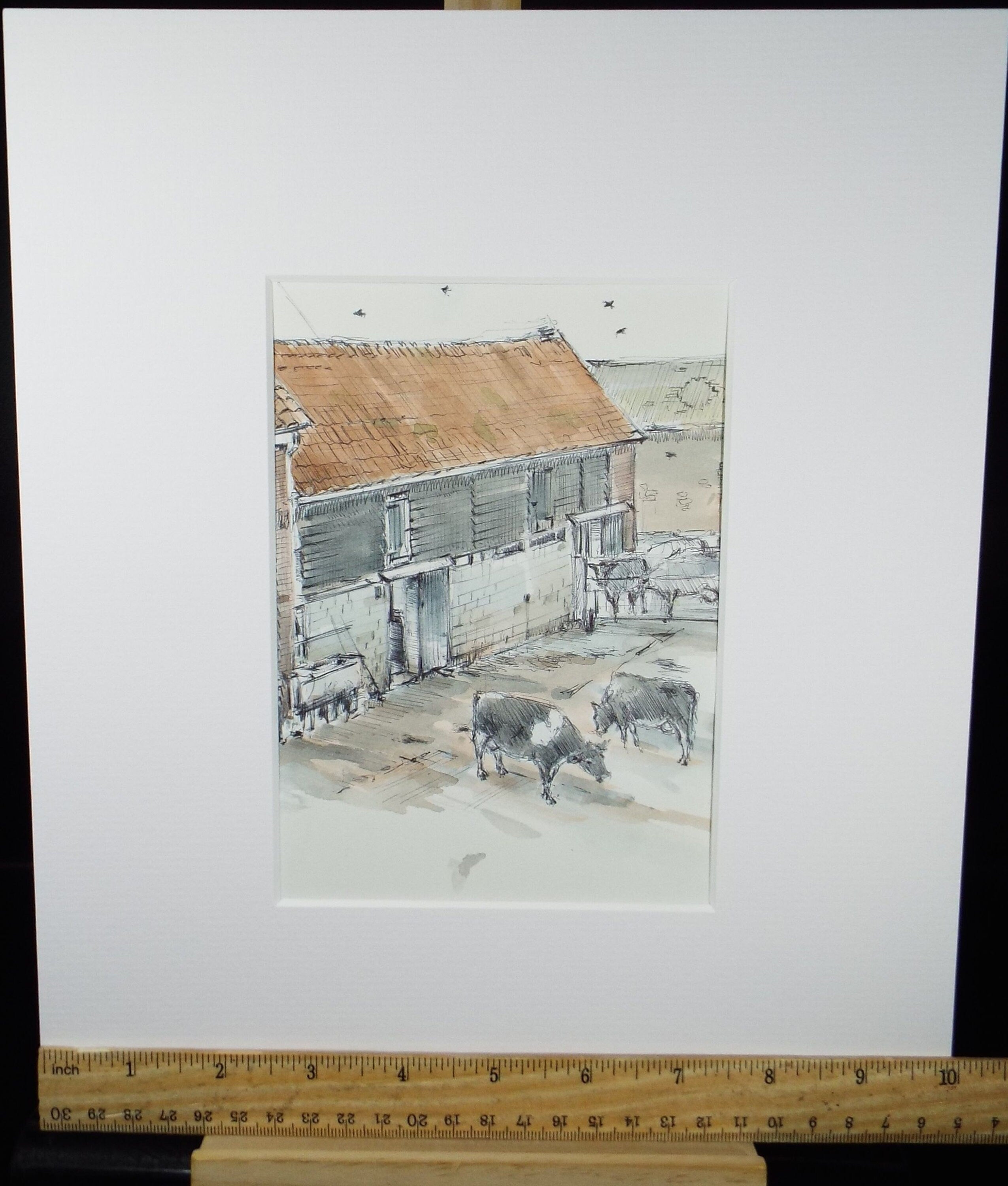 Original Watercolour & Ink, 'Cows with Farm Buildings', Circa 1990's, Artist Unknown