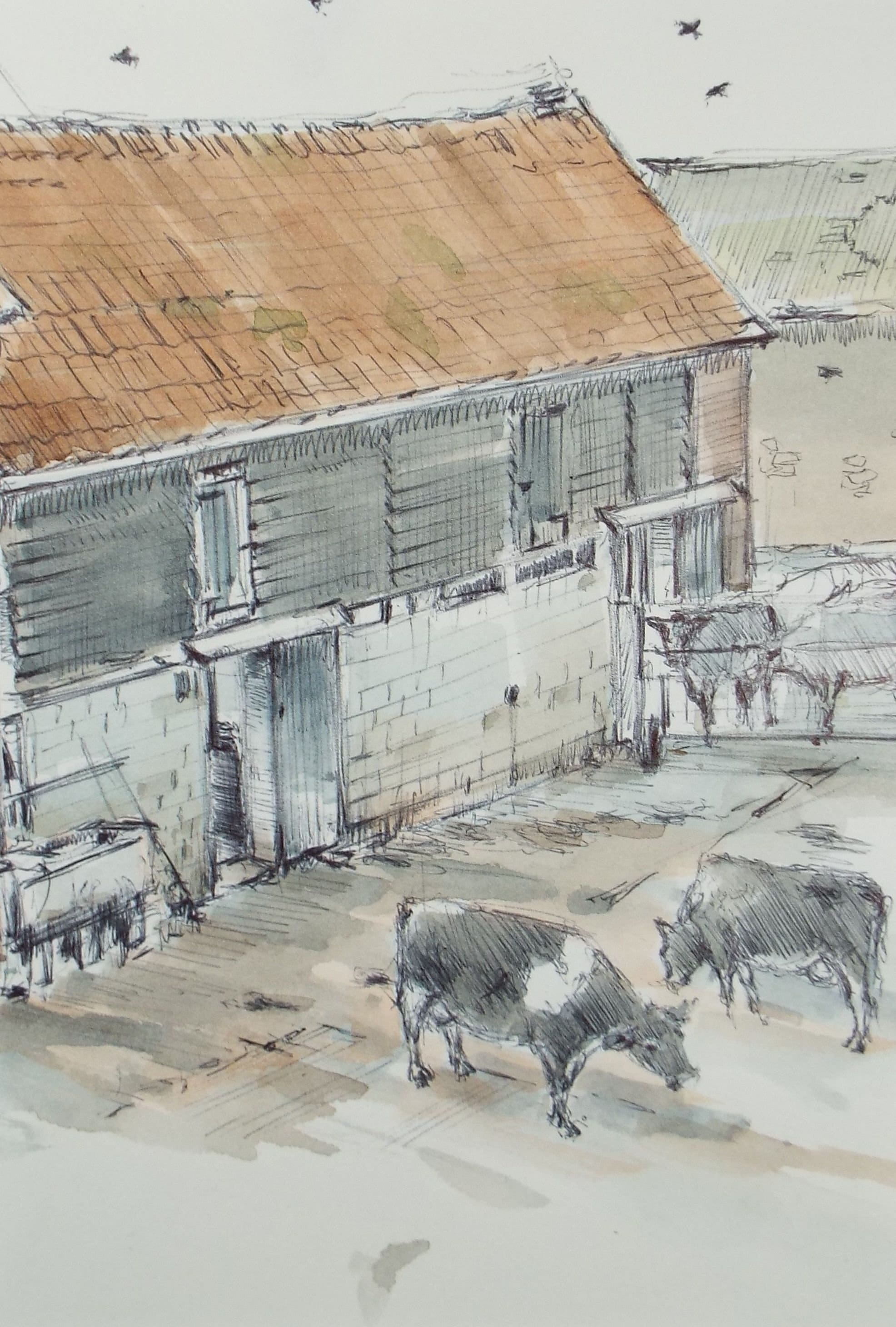 Original Watercolour & Ink, 'Cows with Farm Buildings', Circa 1990's, Artist Unknown