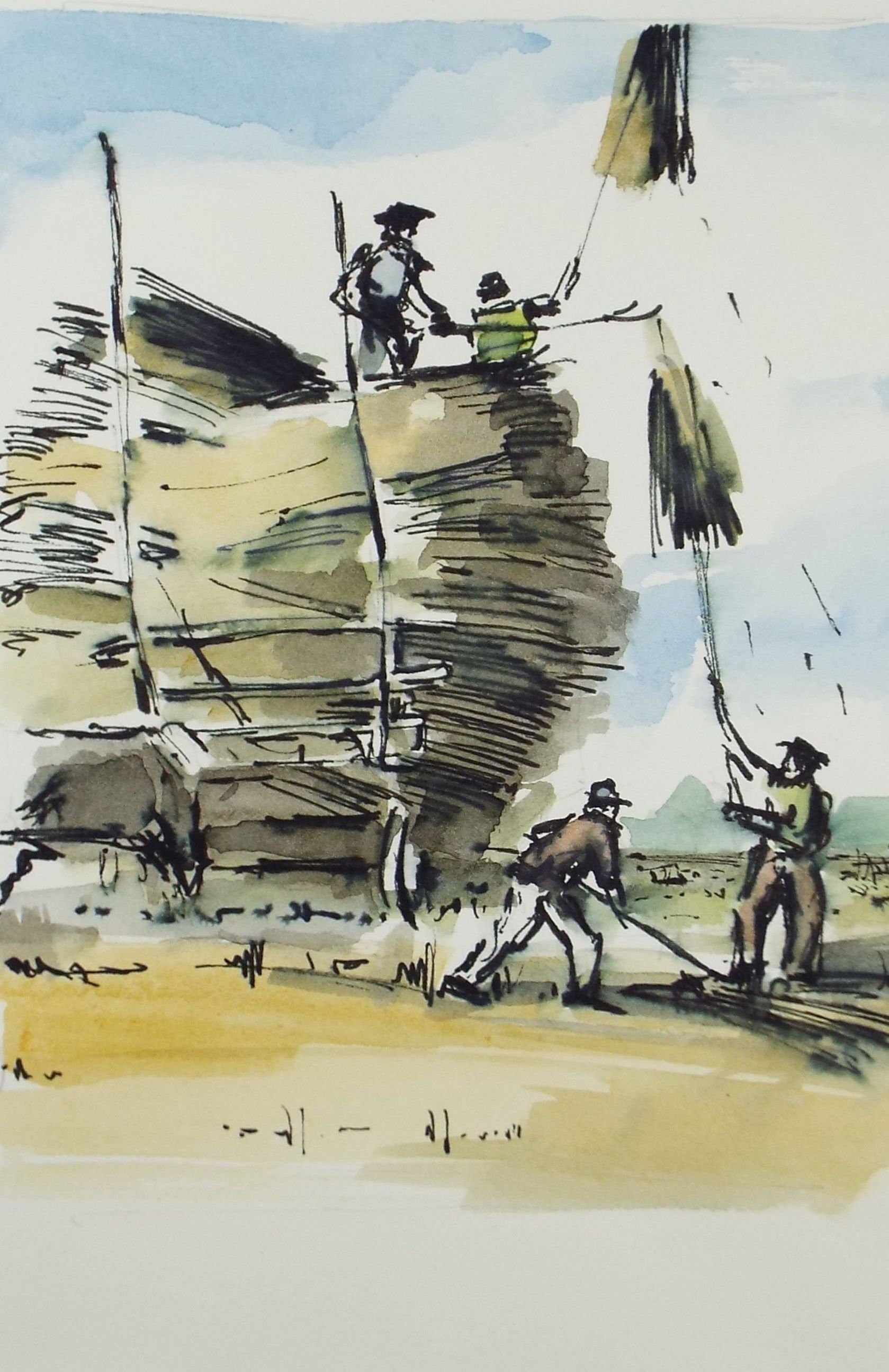 Original Watercolour & Ink, 'Gathering the Harvest', Circa 1990's, Artist Unknown