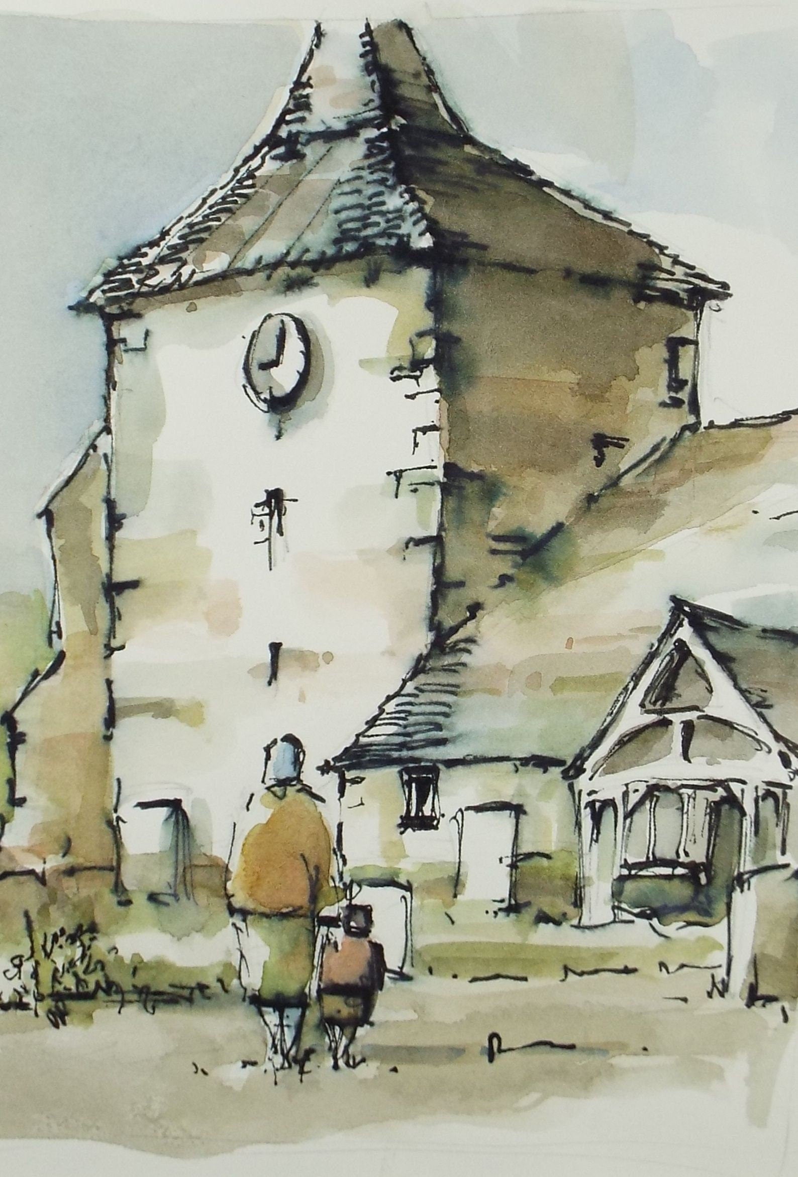 Original Watercolour & Ink, 'Figures before the Church', Circa 1990's, Artist Unknown