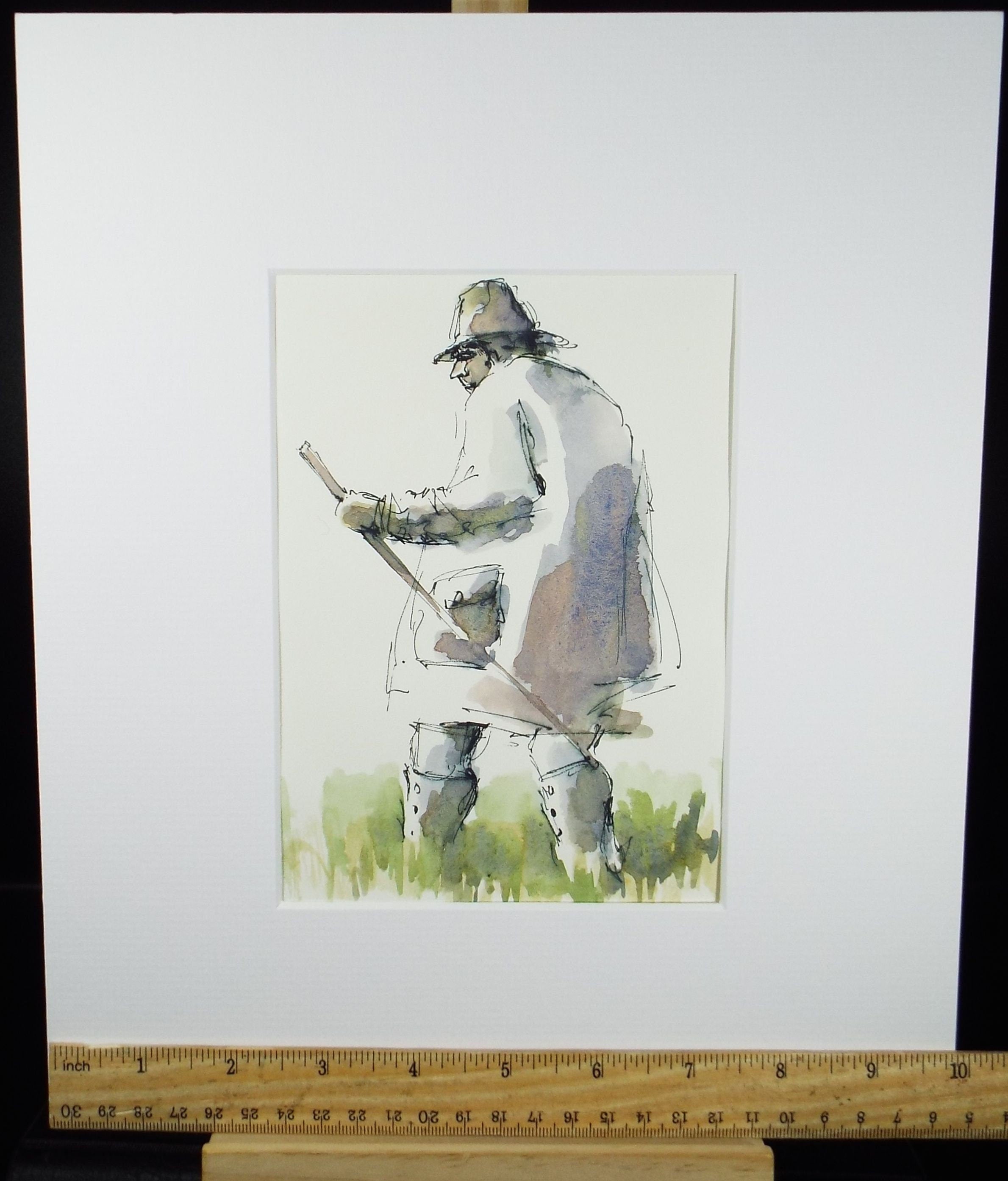 Original Watercolour & Ink, 'Farmer in his Field', Circa 1990's, Artist Unknown