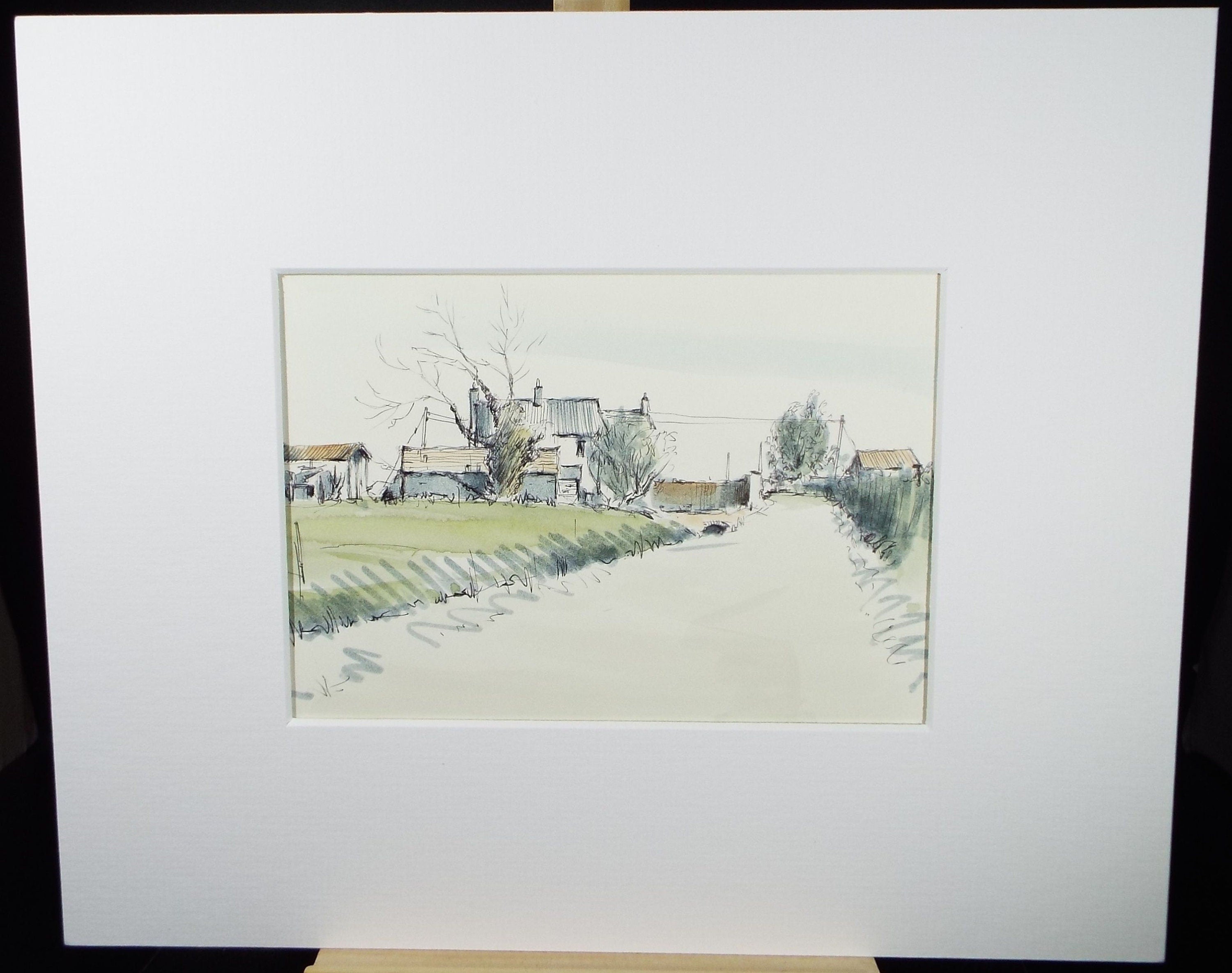 Original Watercolour & Ink, 'Lane with Farm Buildings', Dated 1996, Artist Unknown