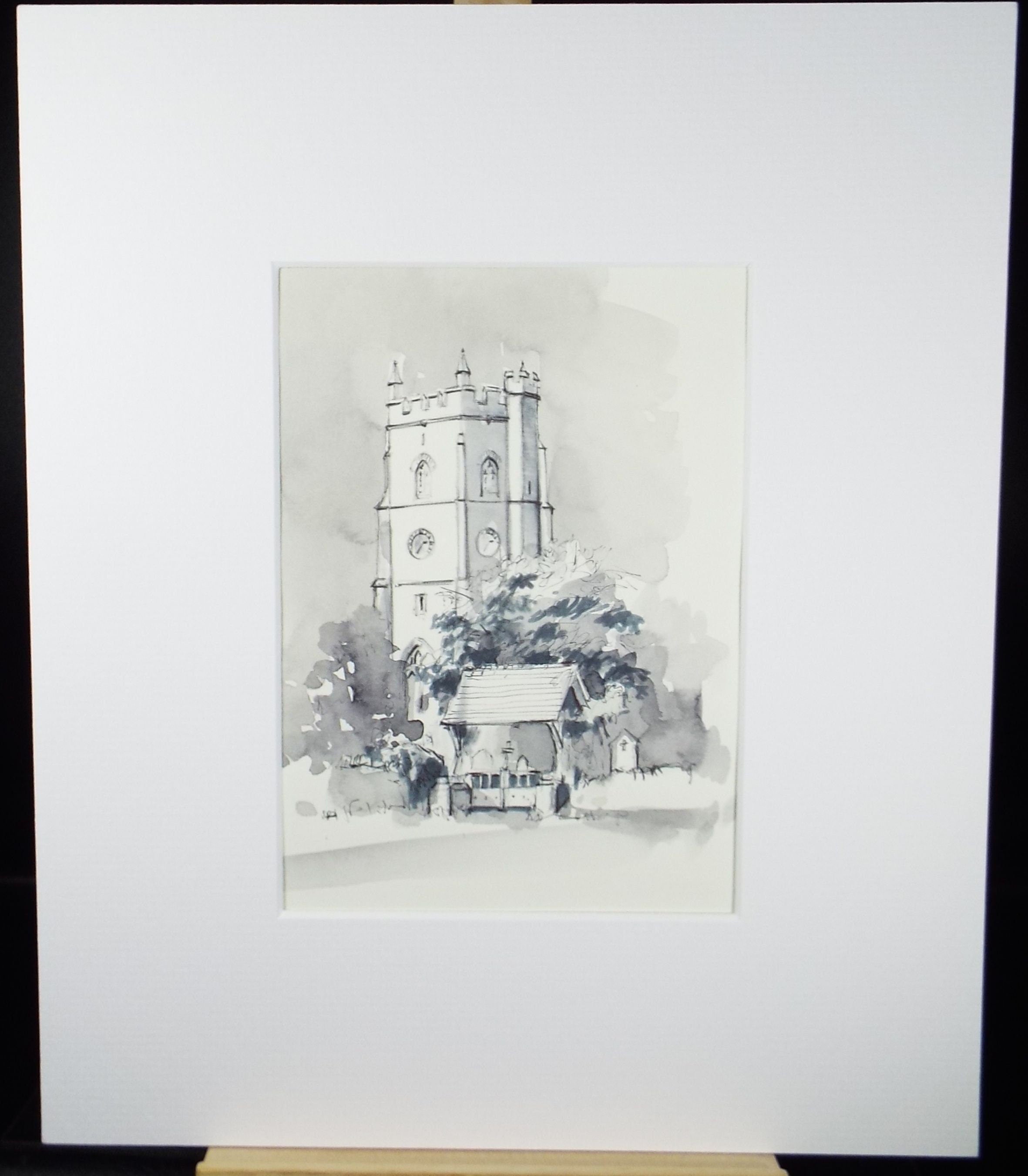 Original Watercolour & Ink, 'Church', Dated 1993, Artist Unknown