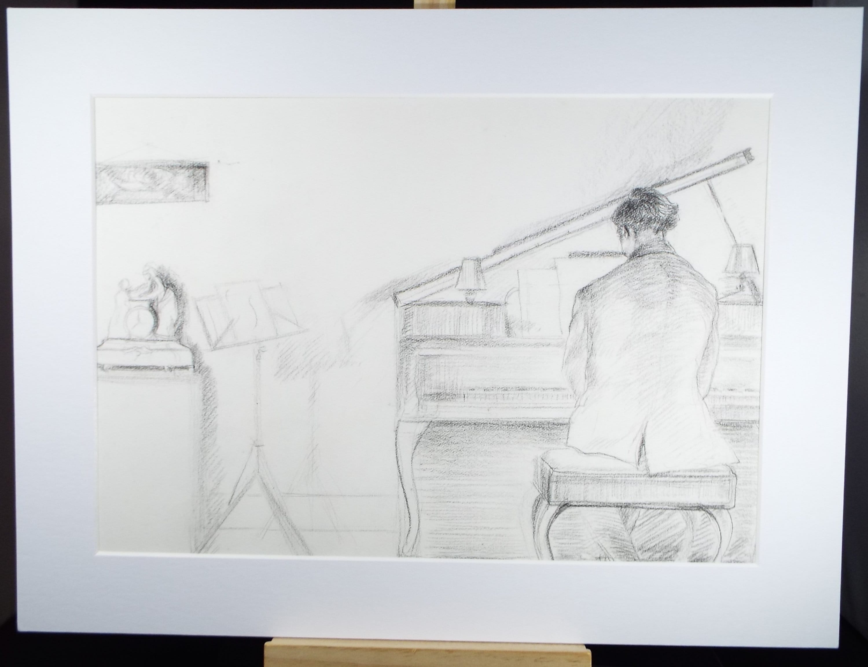 Pencil Drawing , 'At the Piano', Circa 1980's, Thora Clyne (Scottish 1937-2021)