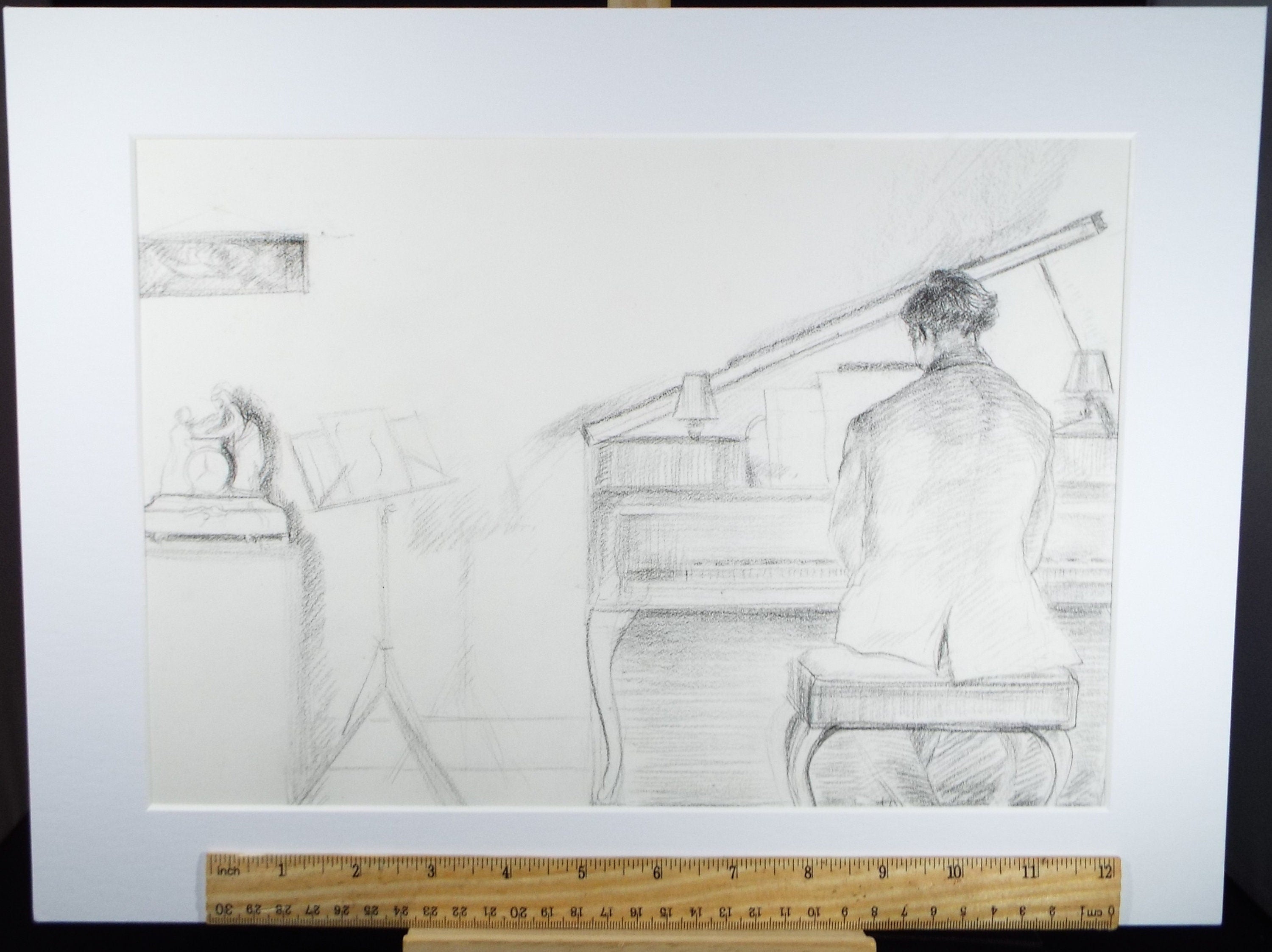 Pencil Drawing , 'At the Piano', Circa 1980's, Thora Clyne (Scottish 1937-2021)