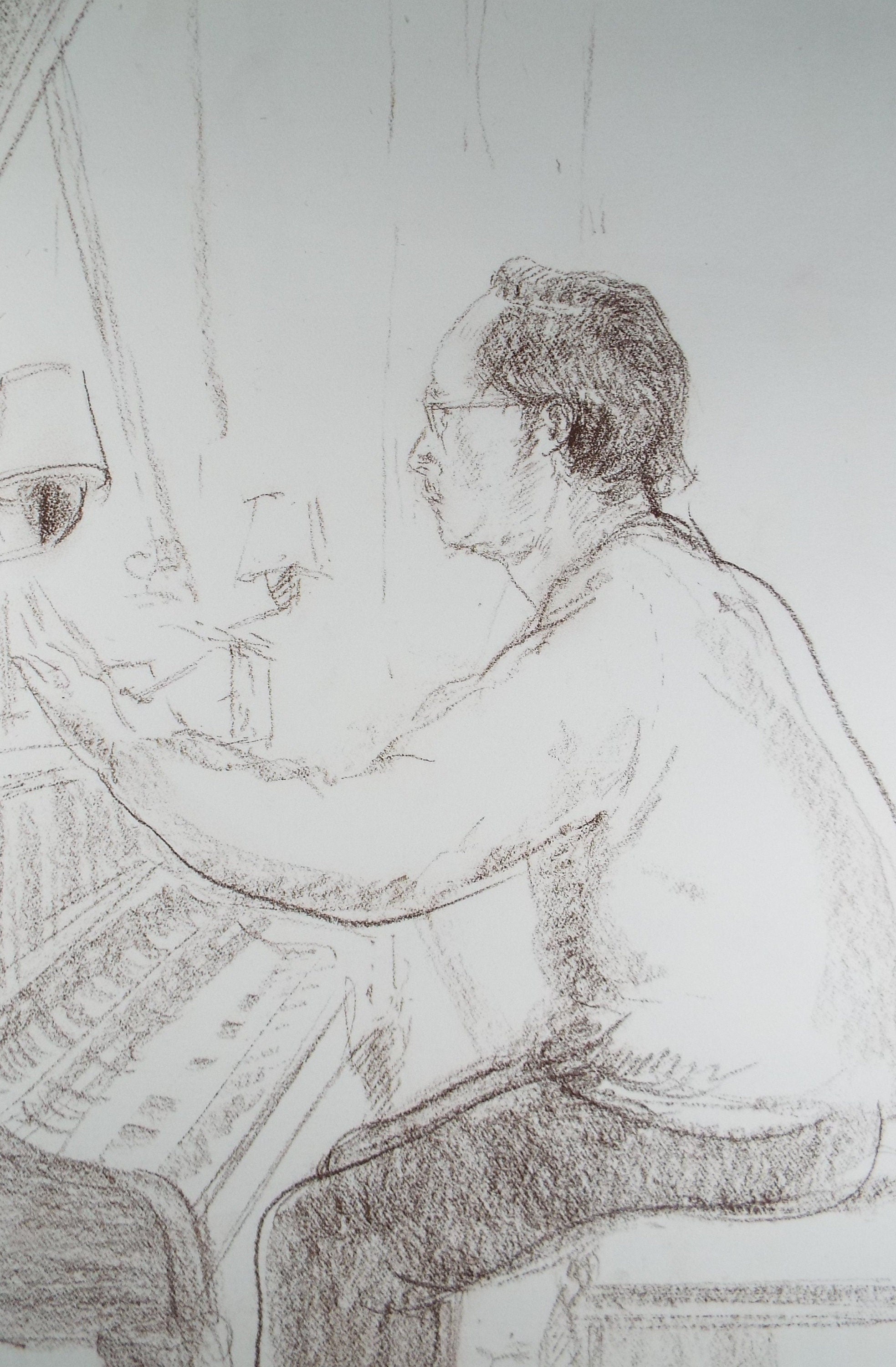 Pencil & Conte Drawing, ' Composing at the Piano', Circa 1980's, Thora Clyne (Scottish 1937-2021)