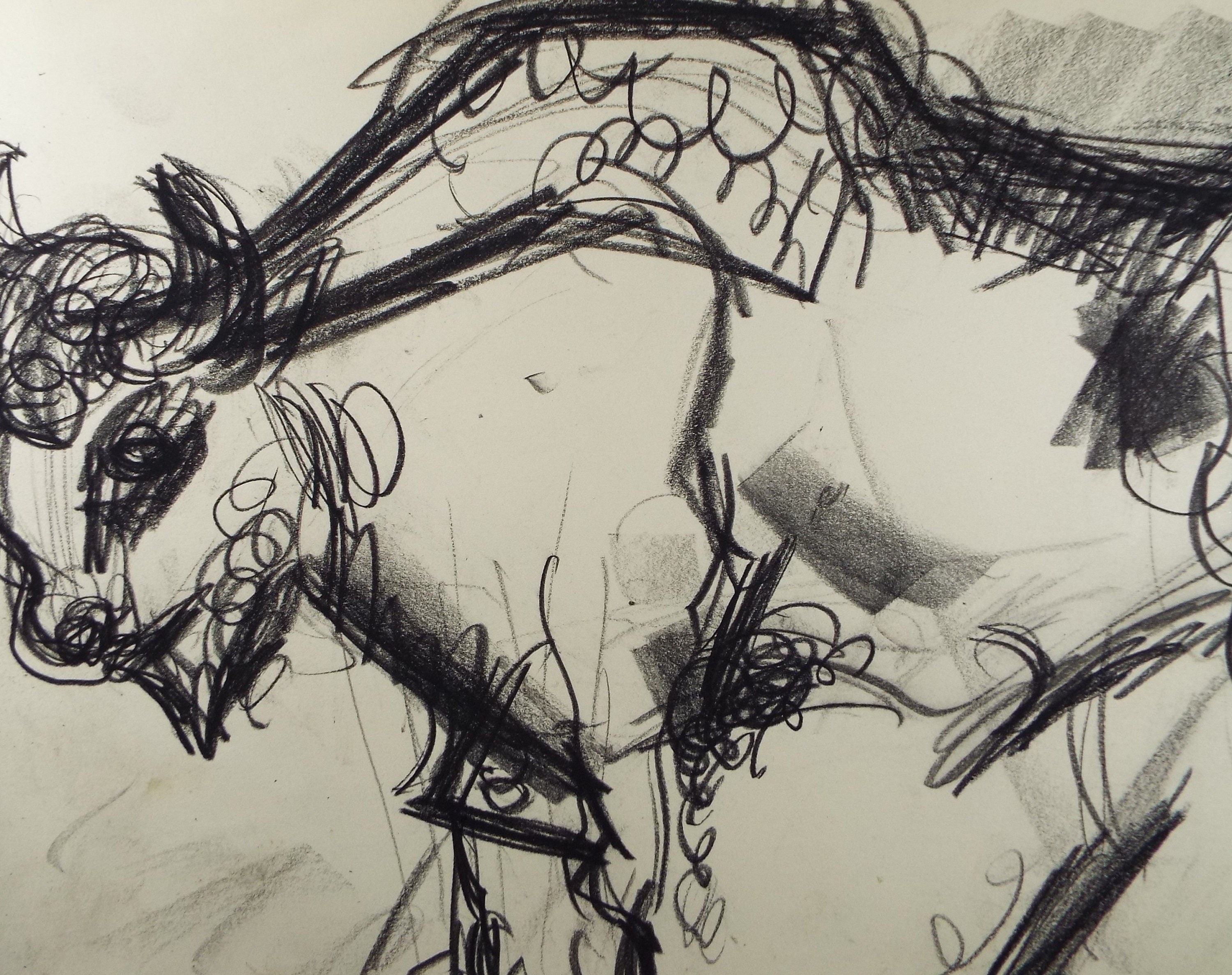 Original Conte Drawing, 'Bison', Dated 1950, Henry Saunders (1918-1982)