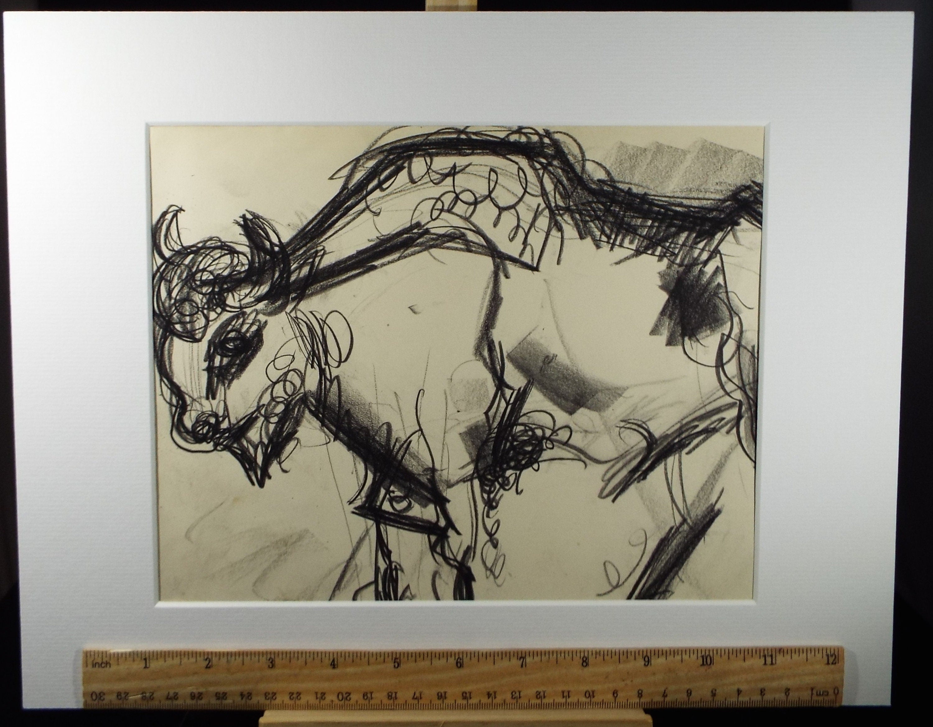 Original Conte Drawing, 'Bison', Dated 1950, Henry Saunders (1918-1982)