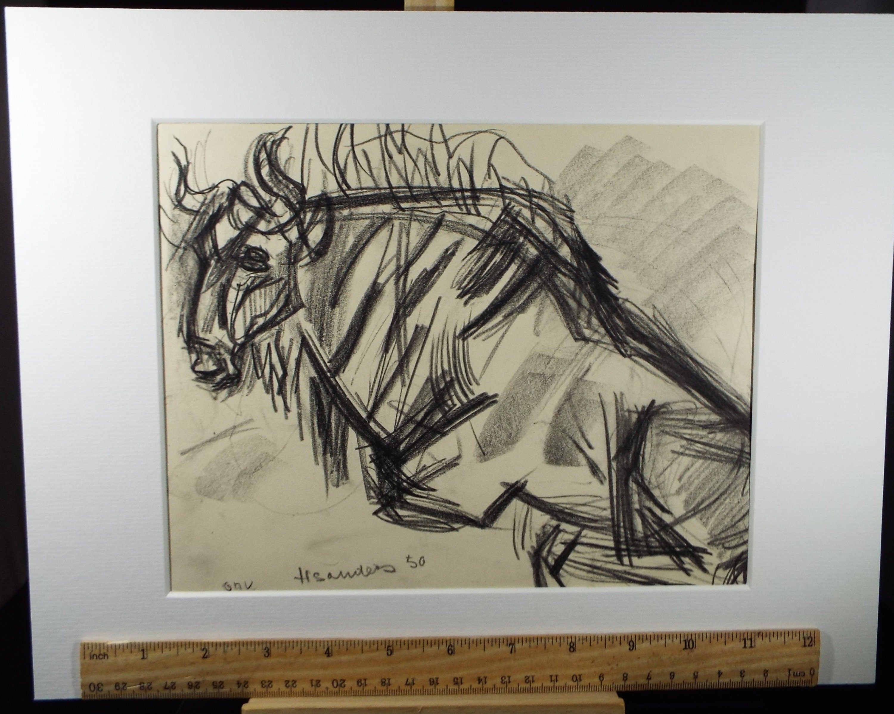 Original Conte Drawing, 'Gnu', Dated 1950, Henry Saunders (1918-1982)