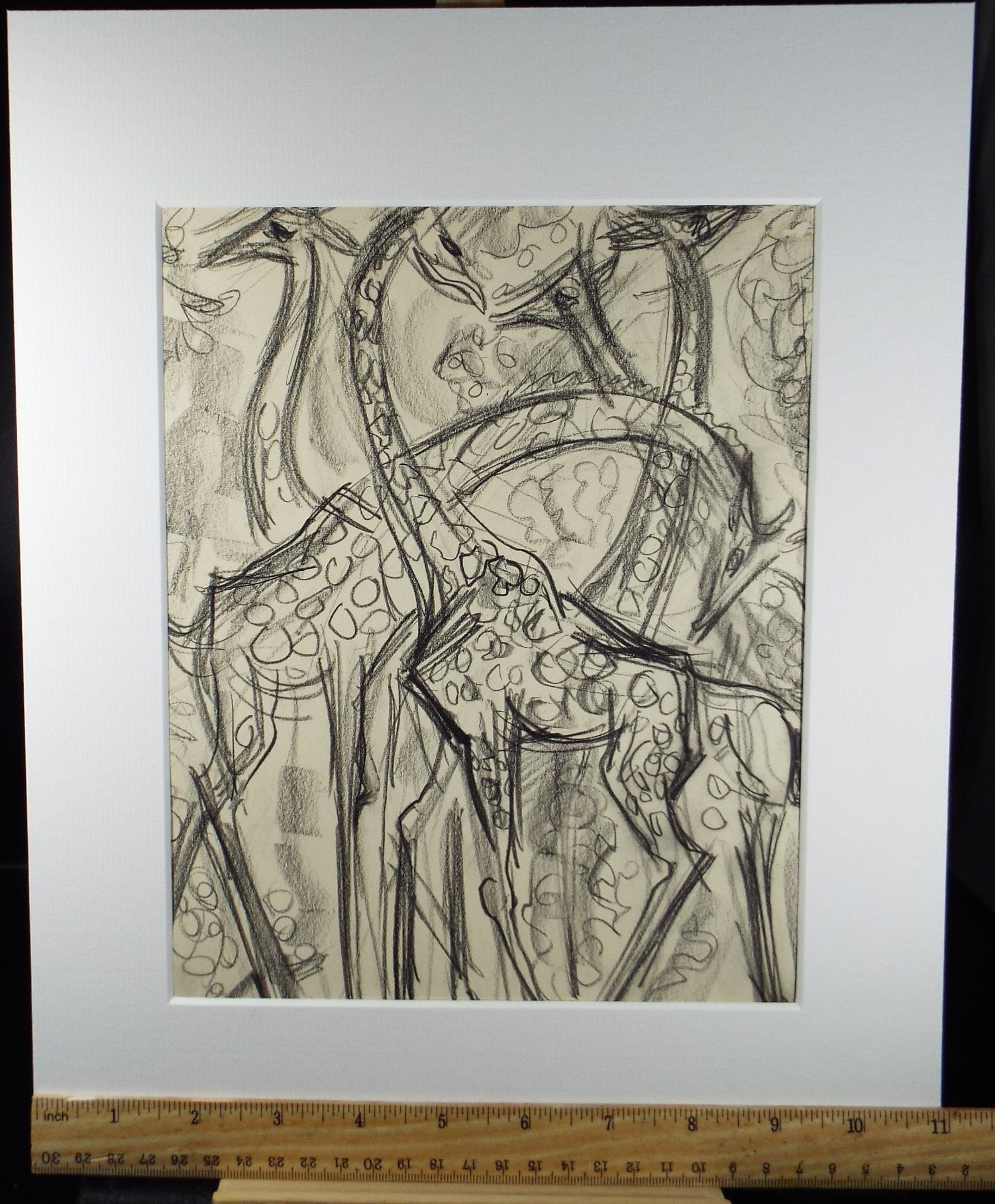 Original Conte Drawing, 'Giraffe', Dated 1950, Henry Saunders (1918-1982)