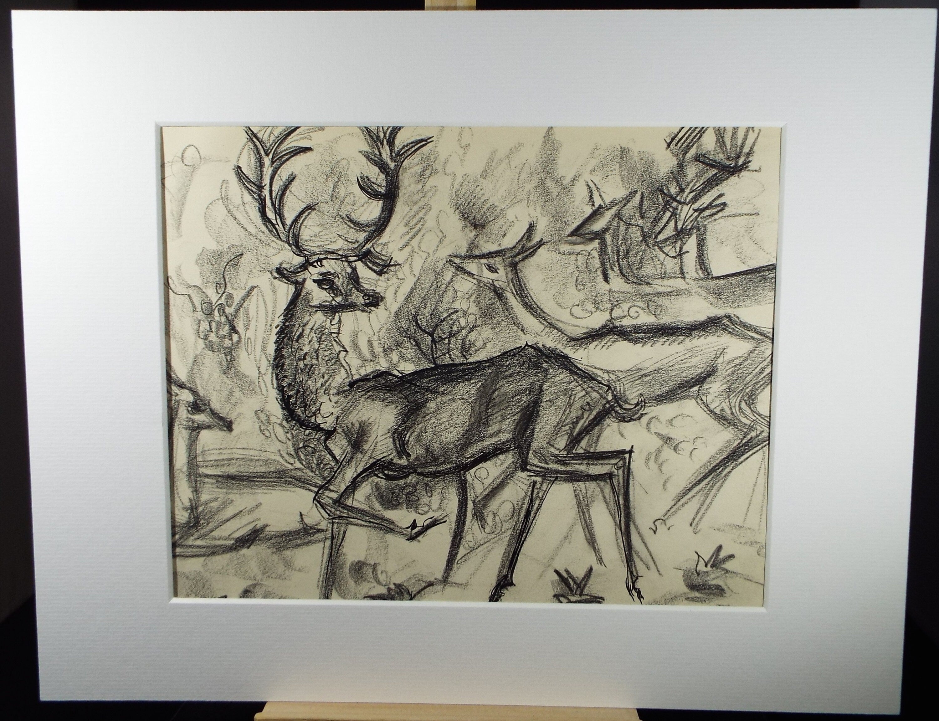 Original Conte Drawing, 'Red Deer', Dated 1950, Henry Saunders (1918-1982)