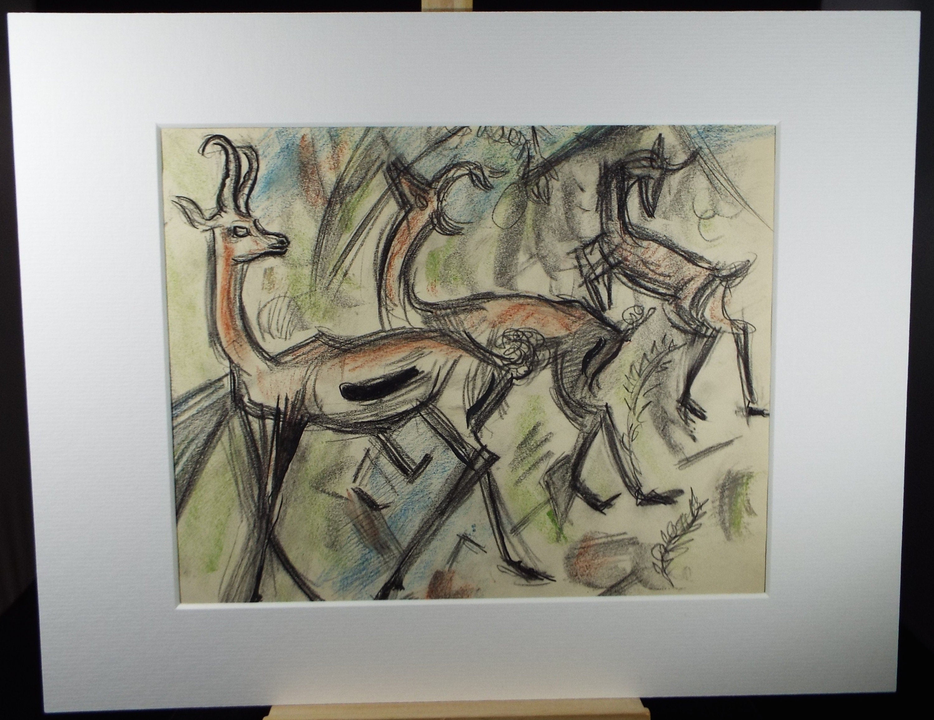 Original Conte Drawing, 'Gazelles', Dated 1950, Henry Saunders (1918-1982)