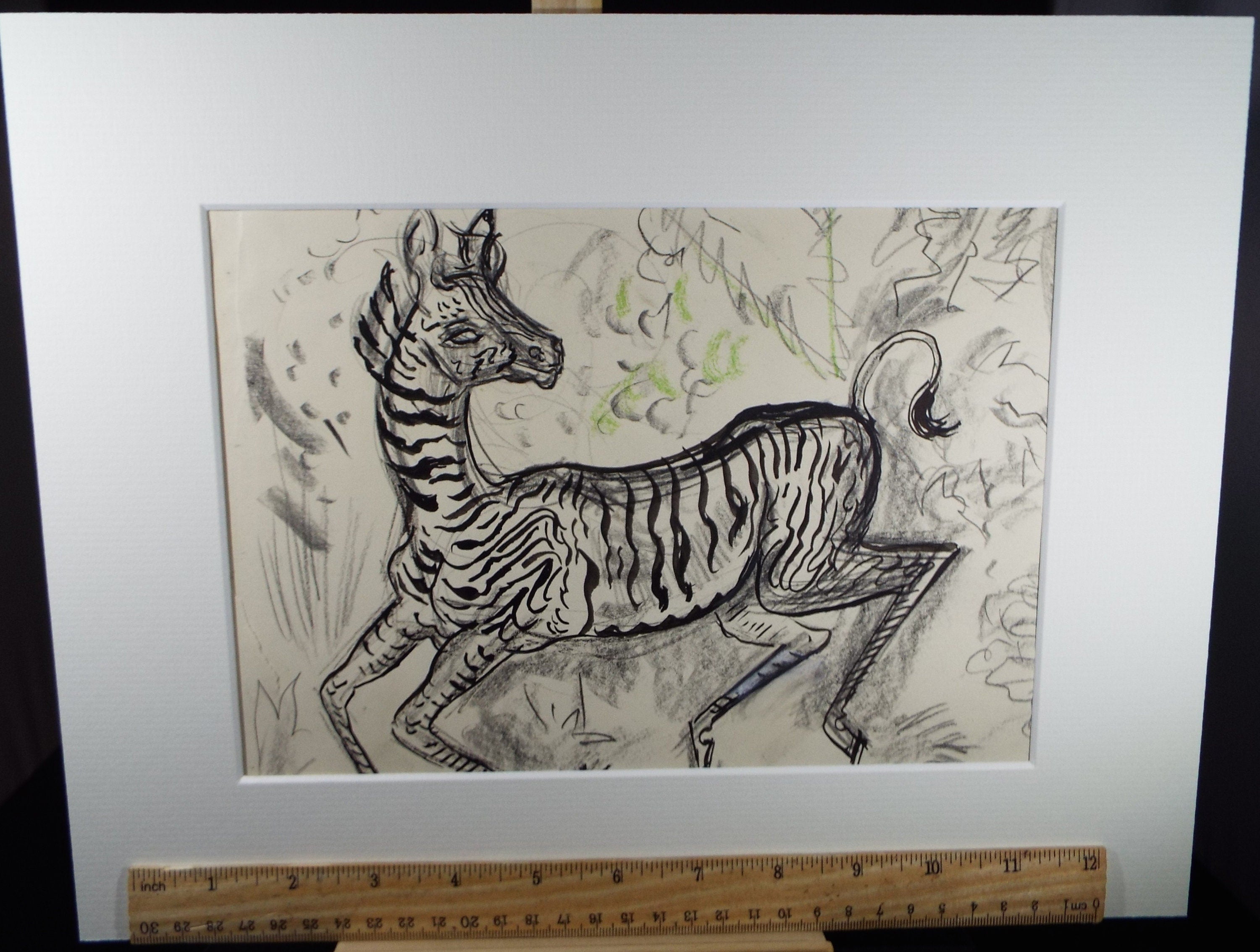 Original Conte & Ink Drawing, 'Zebra', Dated 1950, Henry Saunders (1918-1982)