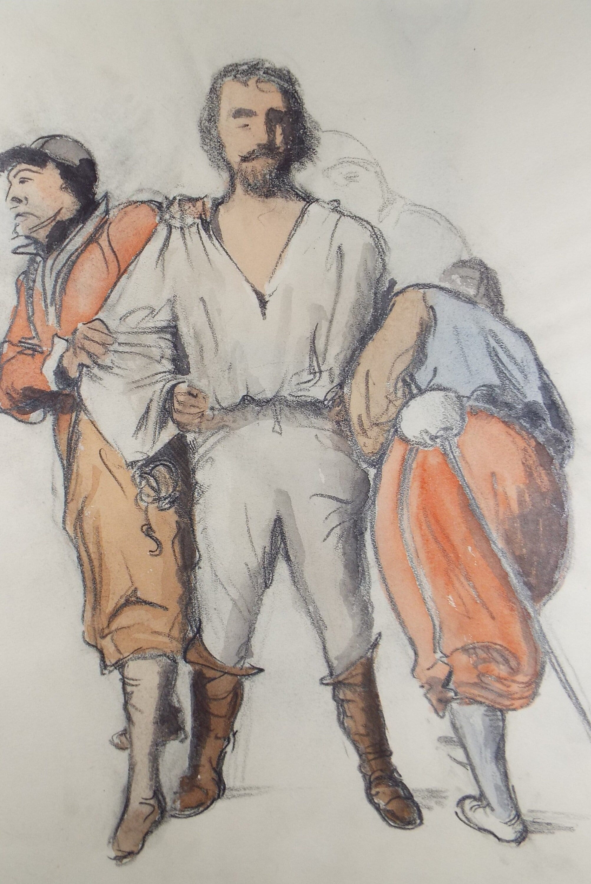 Original charcoal and watercolour, 'Swashbuckling figures', Circa 1990's, Paul Winby