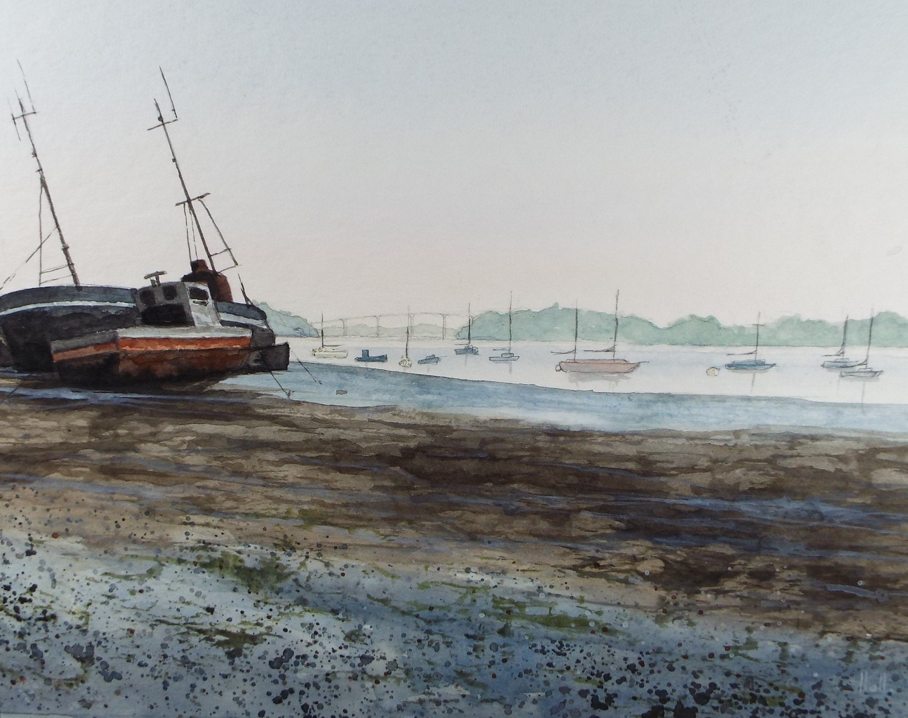 Original  Watercolour, 'Moored Boat', Circa 1990's, Signed Hall