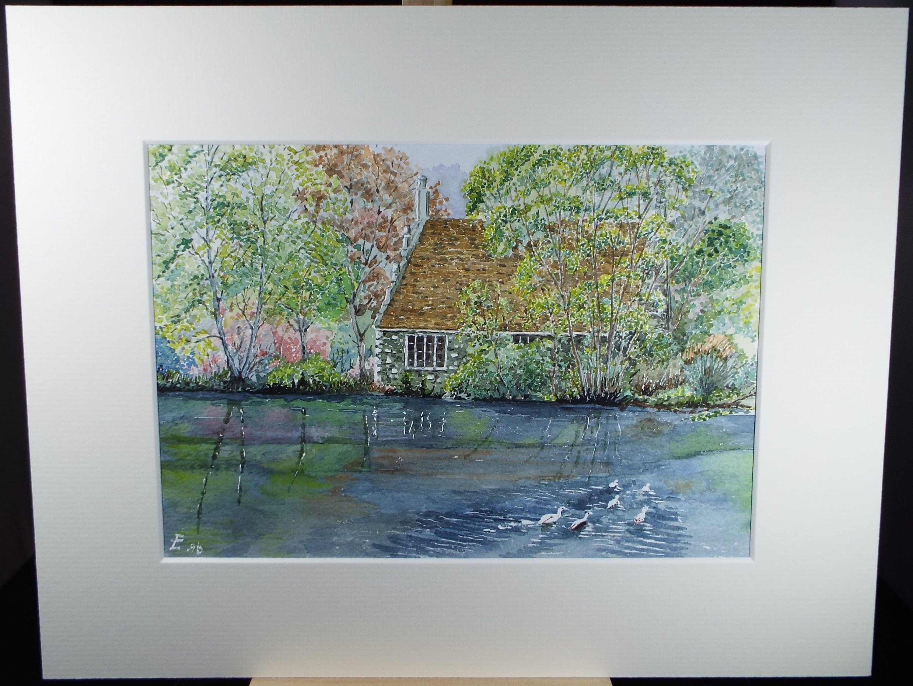 Original Watercolour, 'Boat House on the river', Circa 1990's, Monogram PL