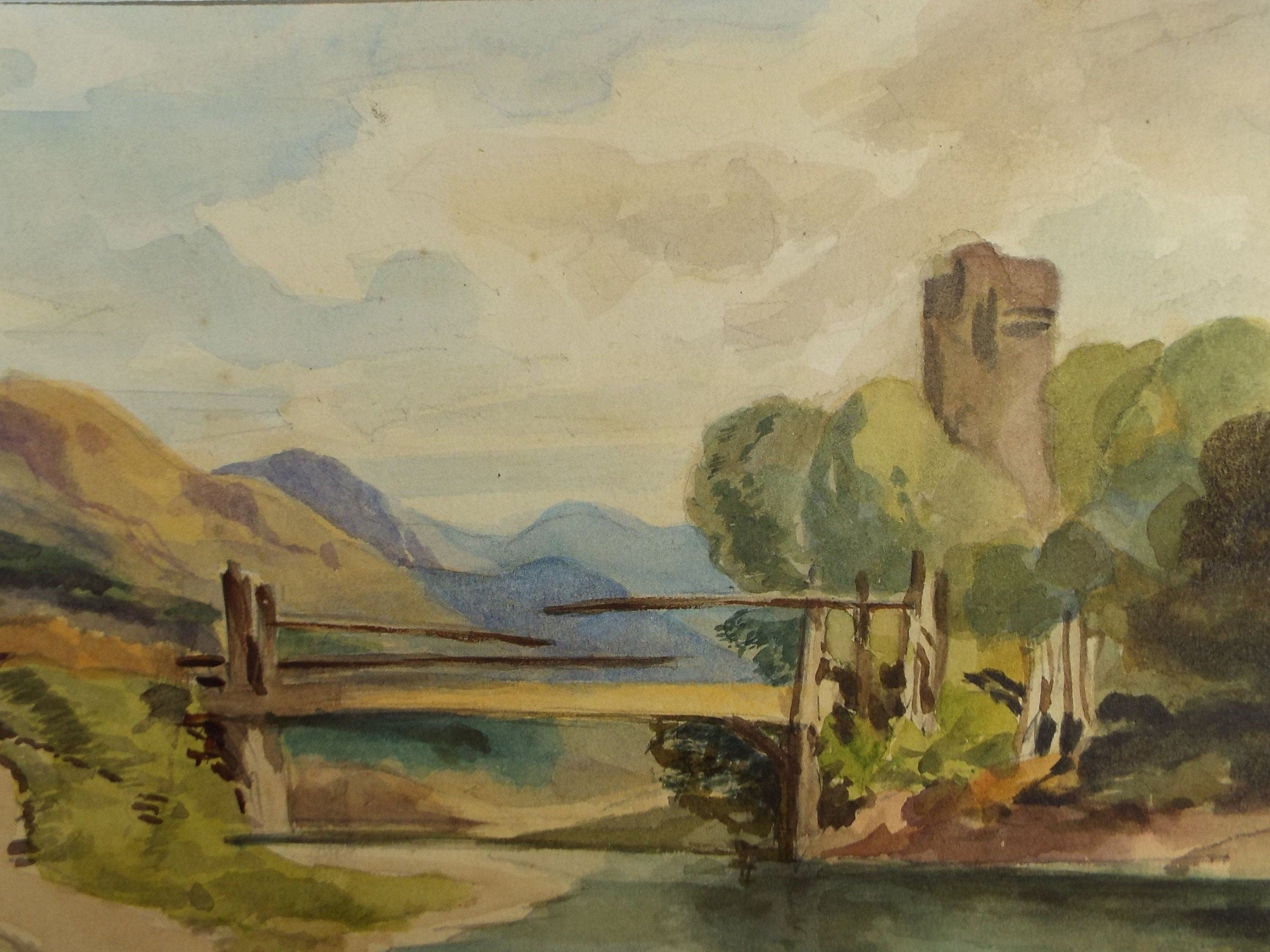 Original Watercolour, 'Bridge Over the River', c1920, Unknown Artist