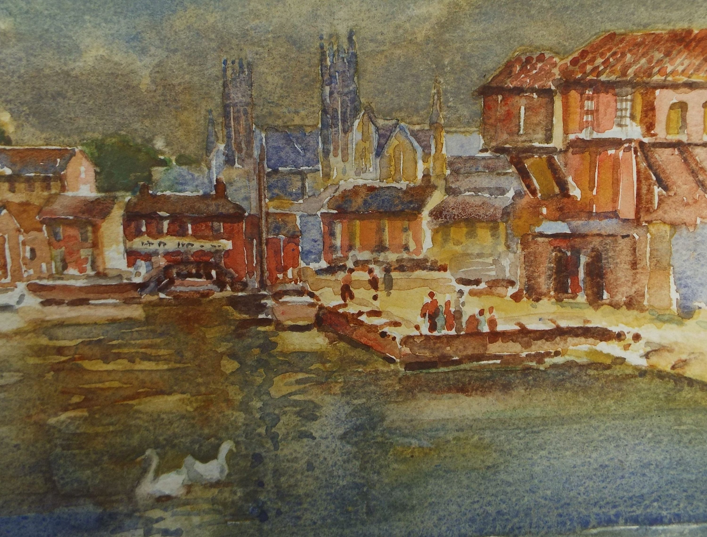 Original Watercolour, 'Quayside with figures', Circa 1950's , artist unknown