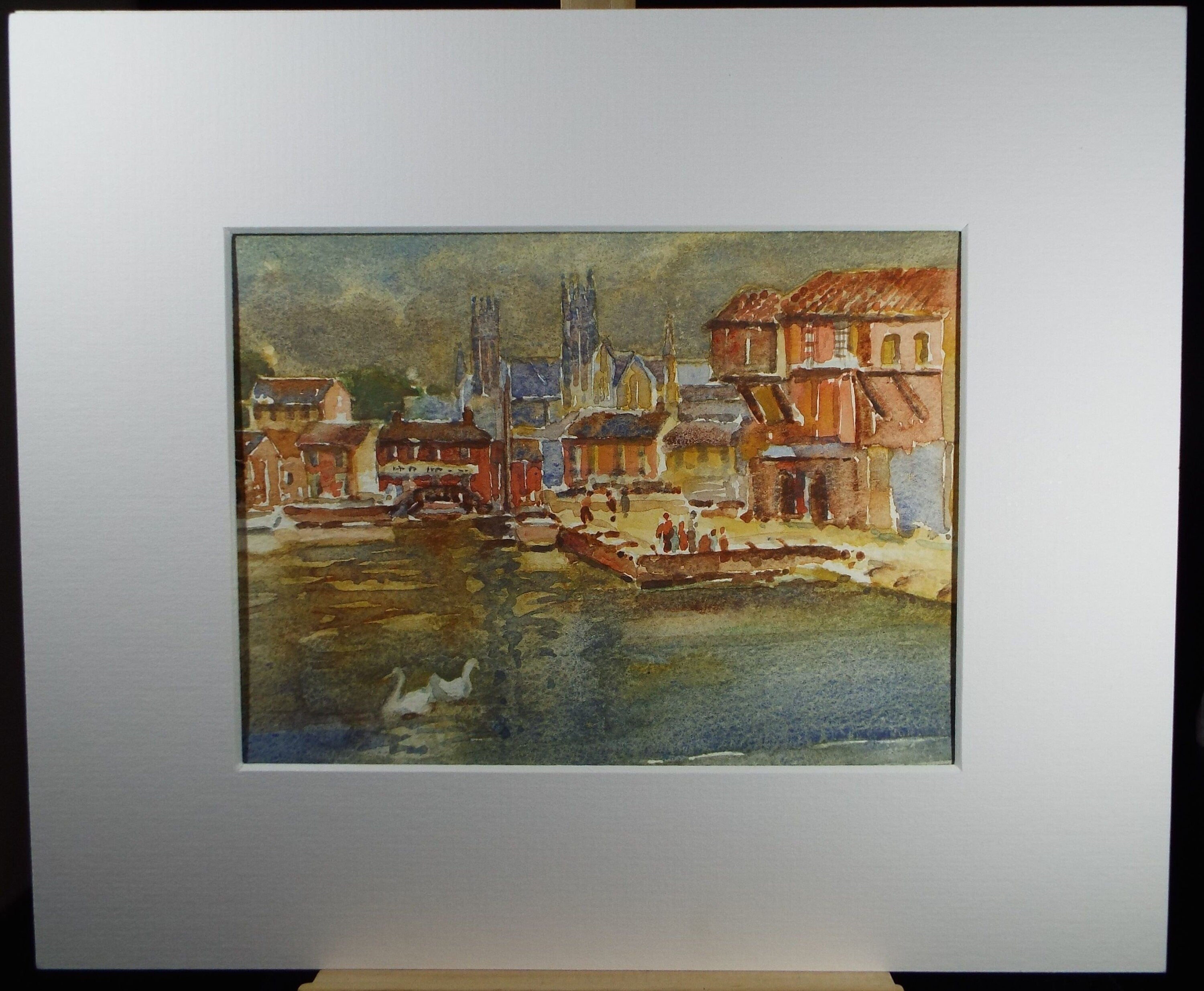 Original Watercolour, 'Quayside with figures', Circa 1950's , artist unknown