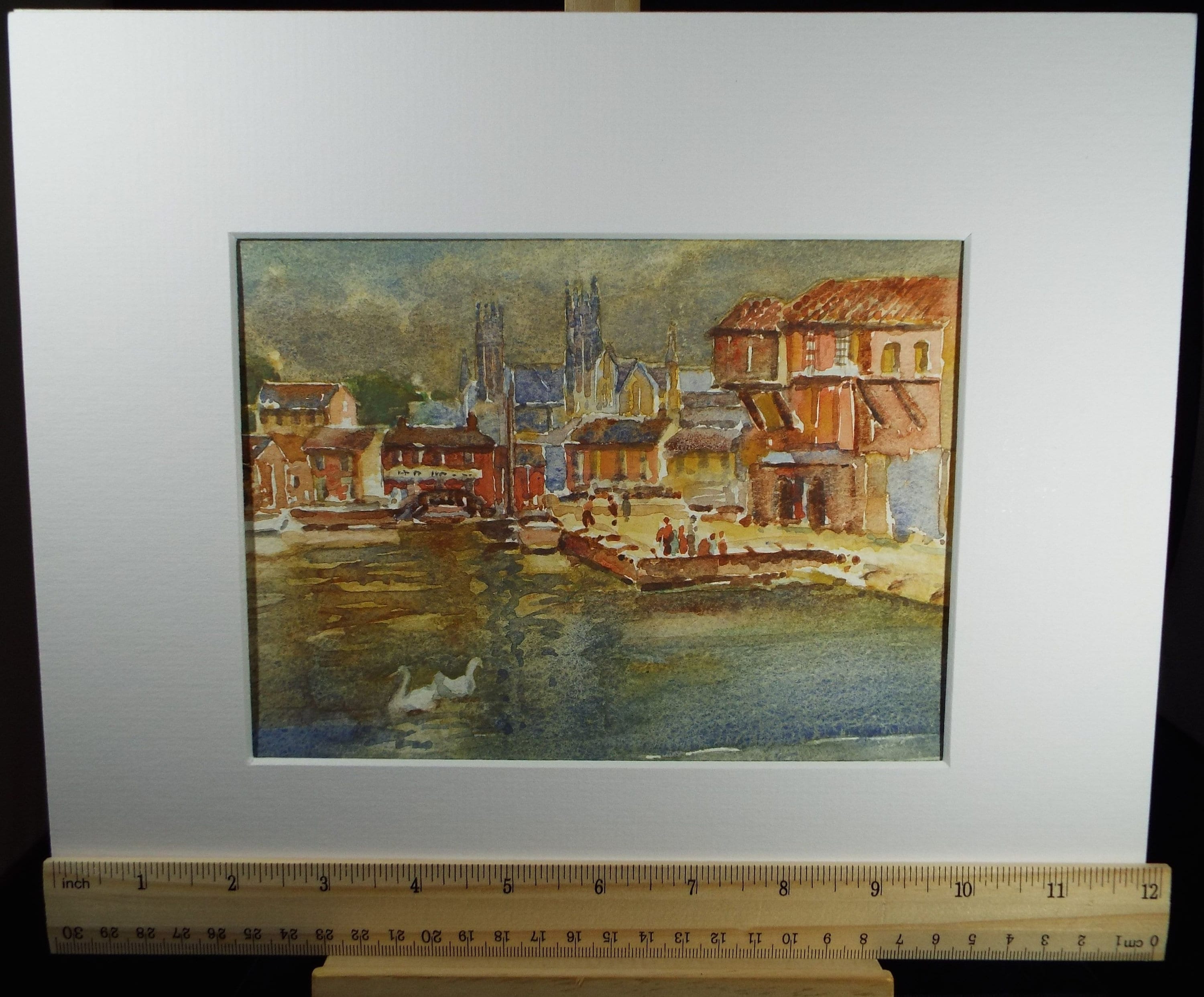 Original Watercolour, 'Quayside with figures', Circa 1950's , artist unknown