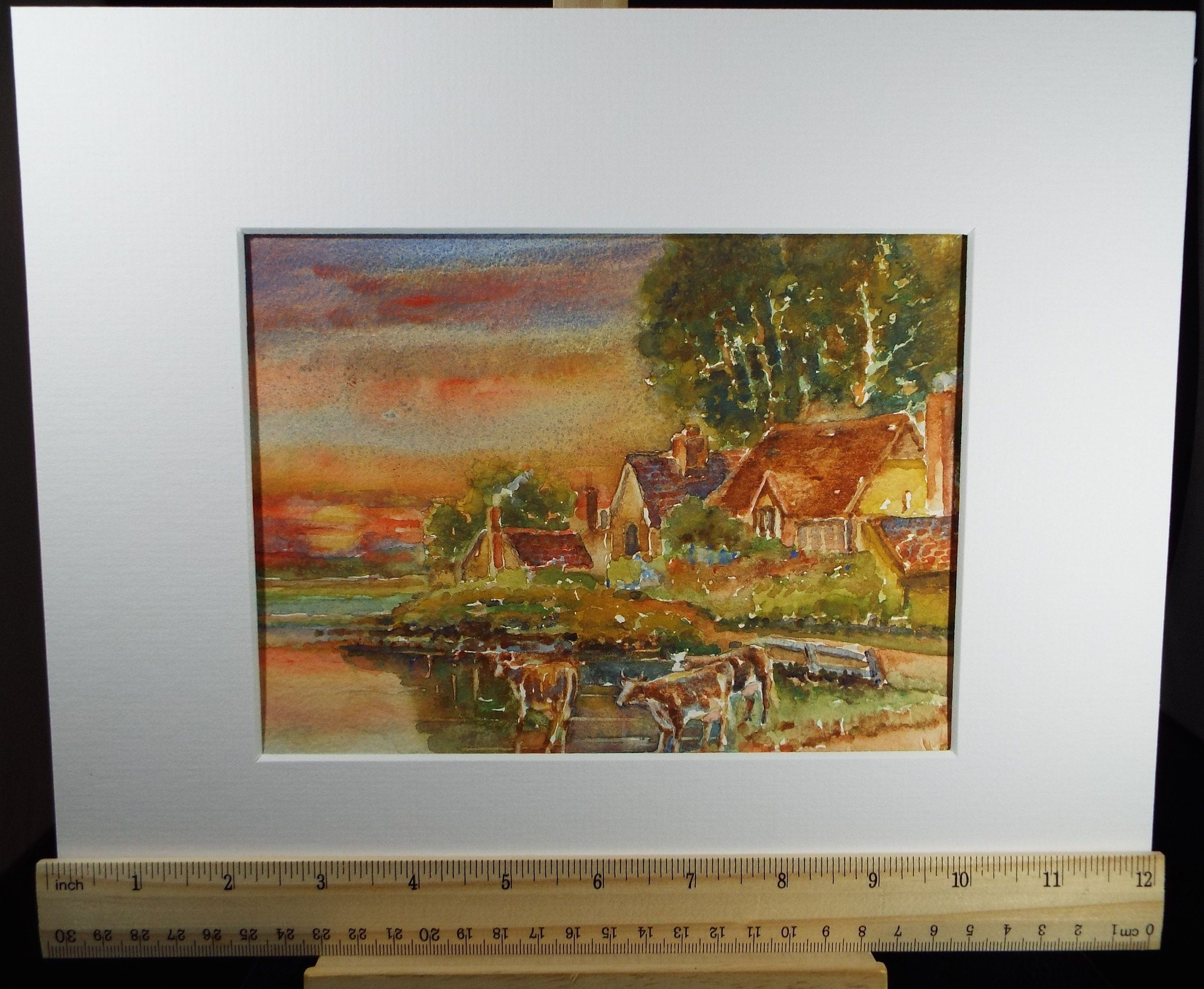 Original Watercolour, 'River with cottages and cattle' c1950's, Artist Unknown