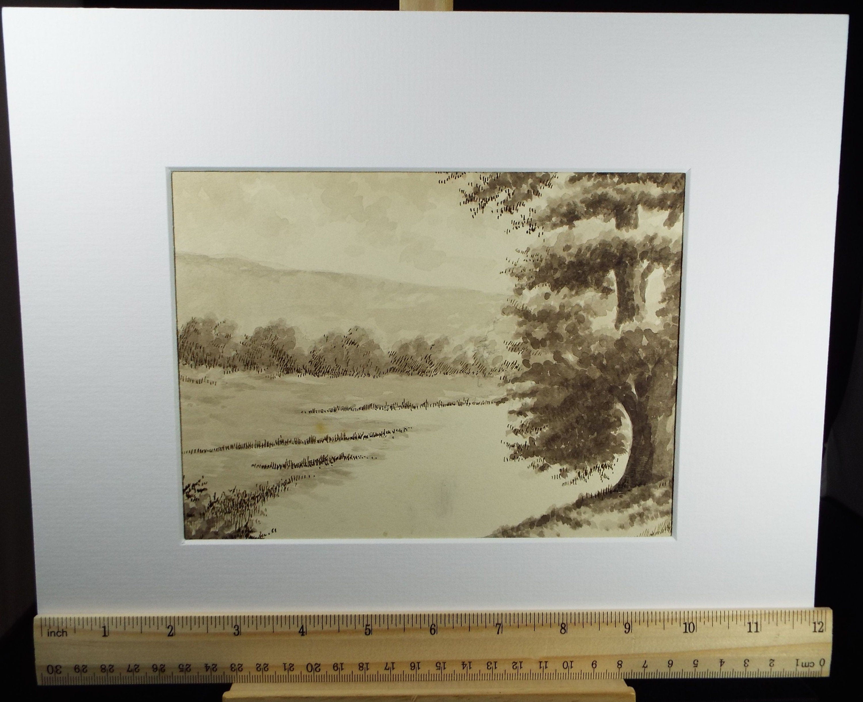 Original Ink & Wash, 'River with wooded riverbank', A Simmons, Circa 1940's