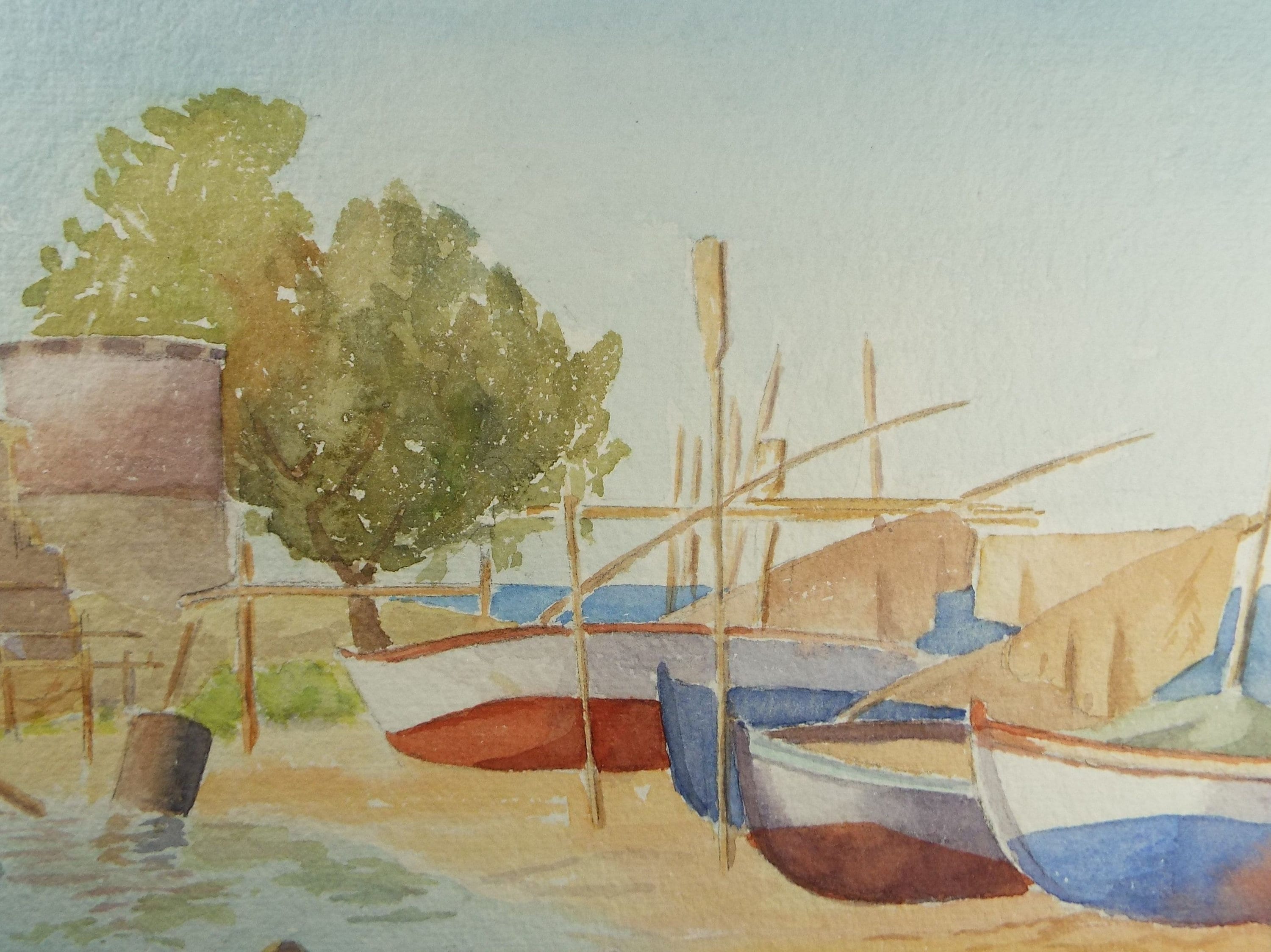 Original Watercolour, 'Fishing Village', Dated 1950, J M Morton