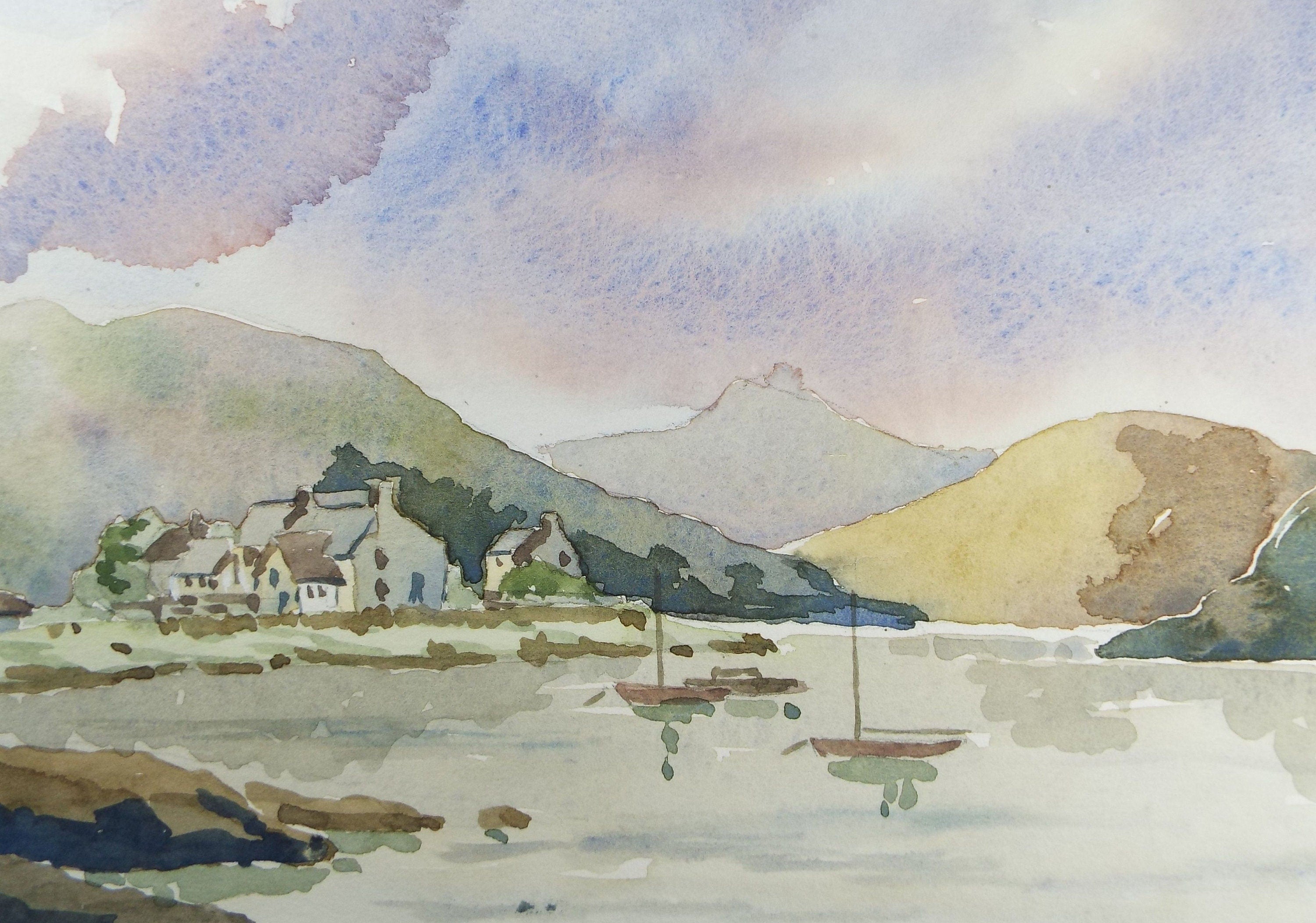 Original Watercolour, 'Lake with cottages and moored boats', c1990's, Unknown Artist