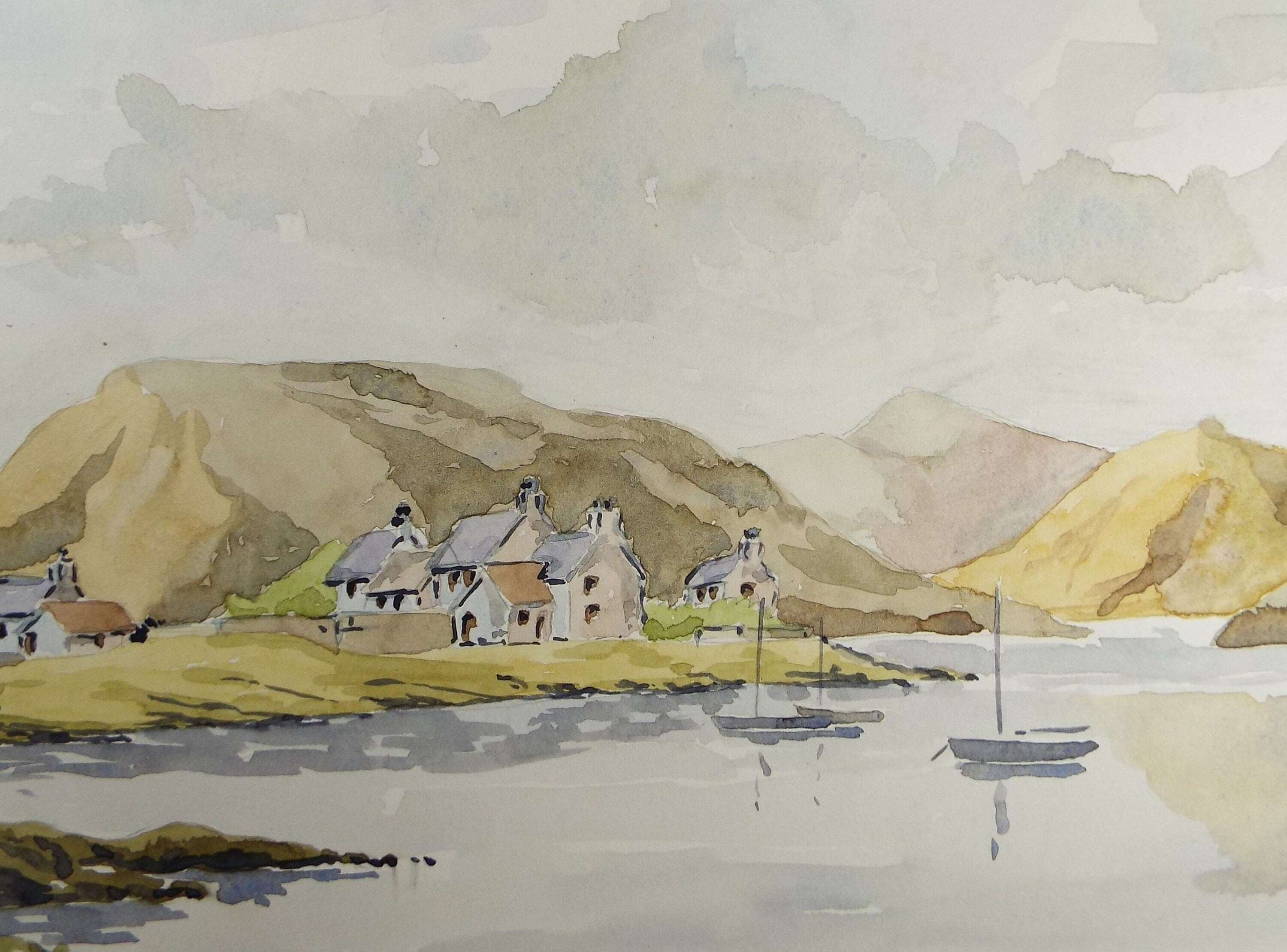 Original Watercolour, 'Lake with cottages and Hills', c1990's, Unknown Artist