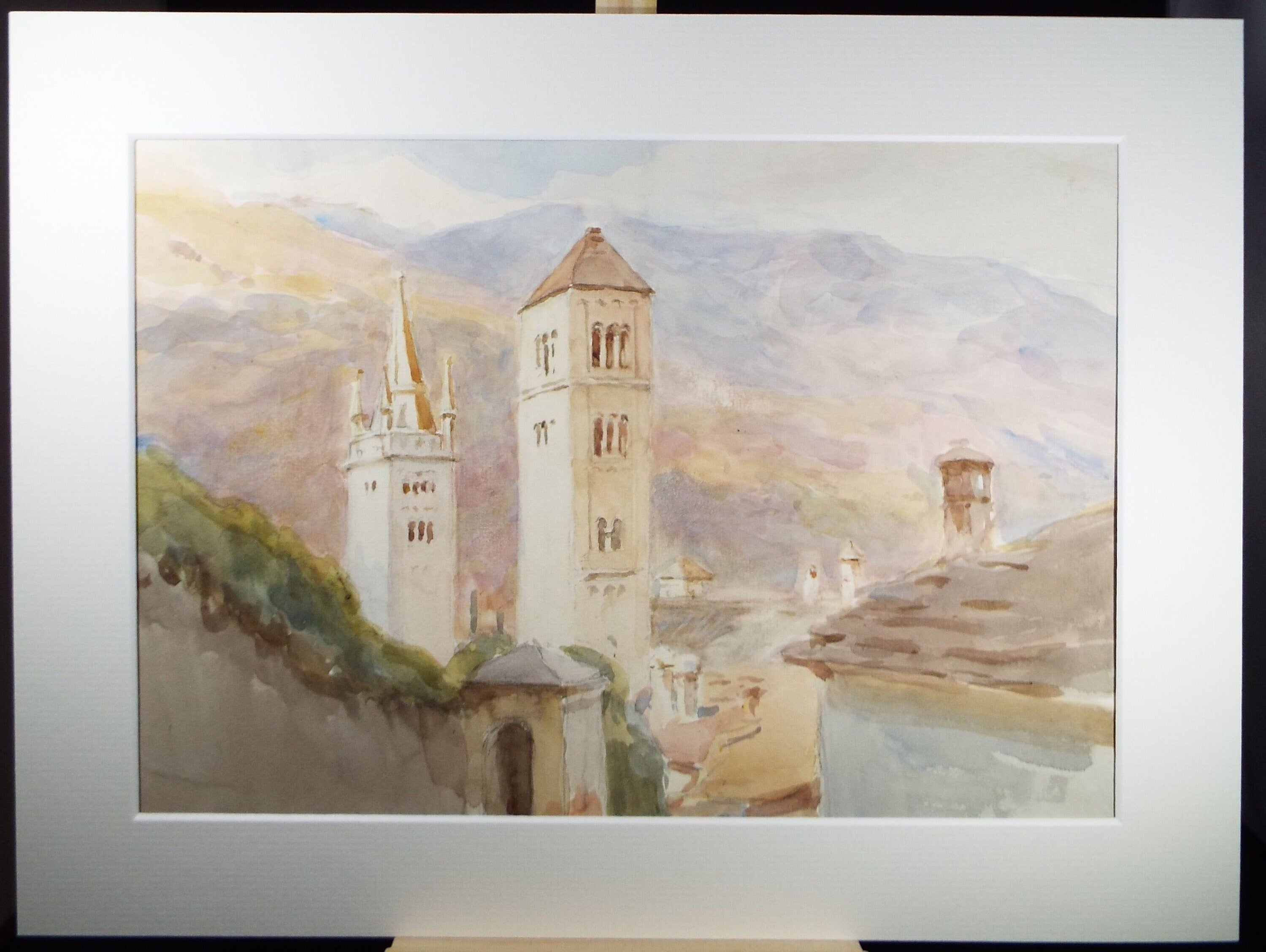 Original Watercolour, 'Towers with hills beyond', Circa 1950's, C R Chase (1893-1988)