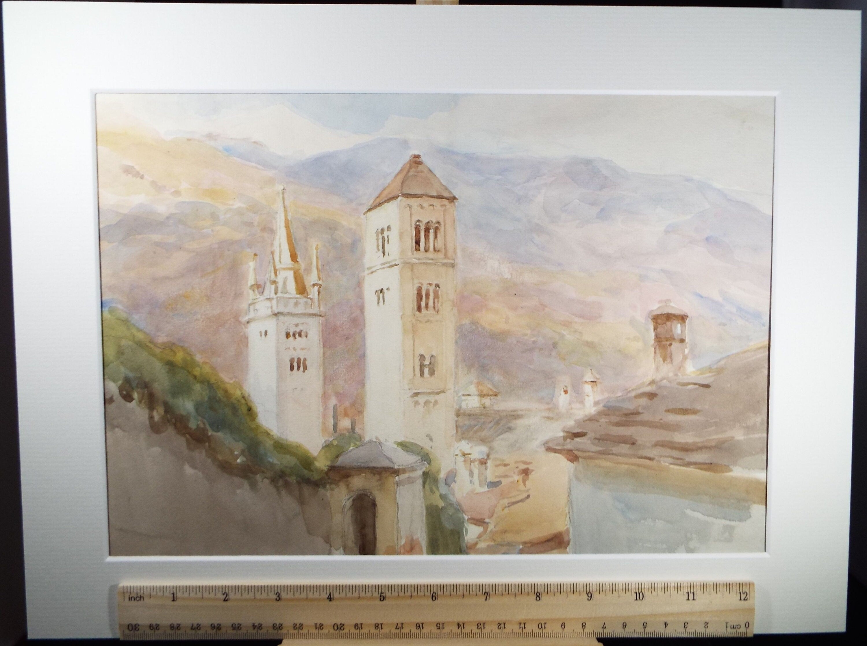 Original Watercolour, 'Towers with hills beyond', Circa 1950's, C R Chase (1893-1988)