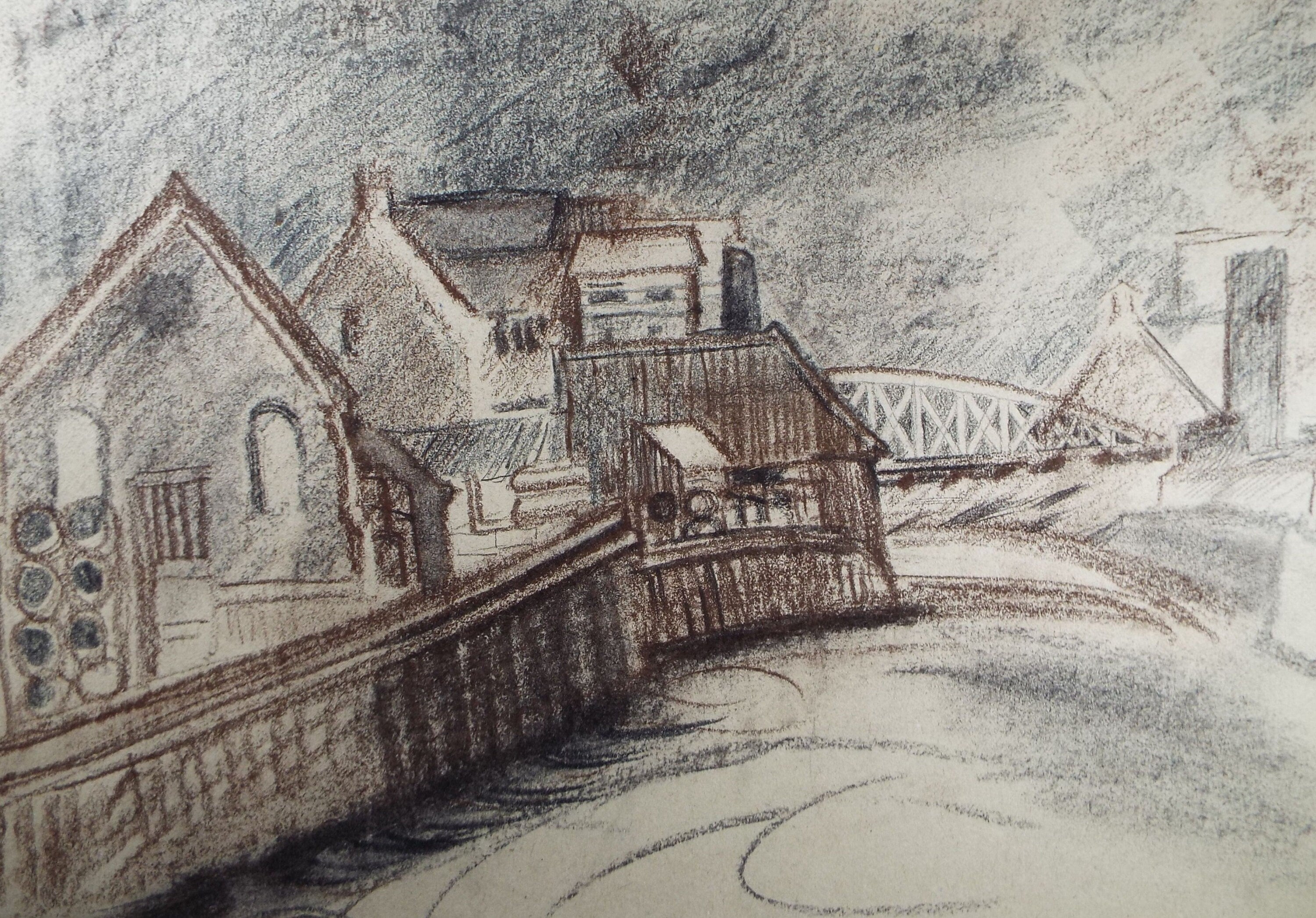 Original Conte Crayon 'Riverside Warehouses', Circa 1980's, Artist Unknown