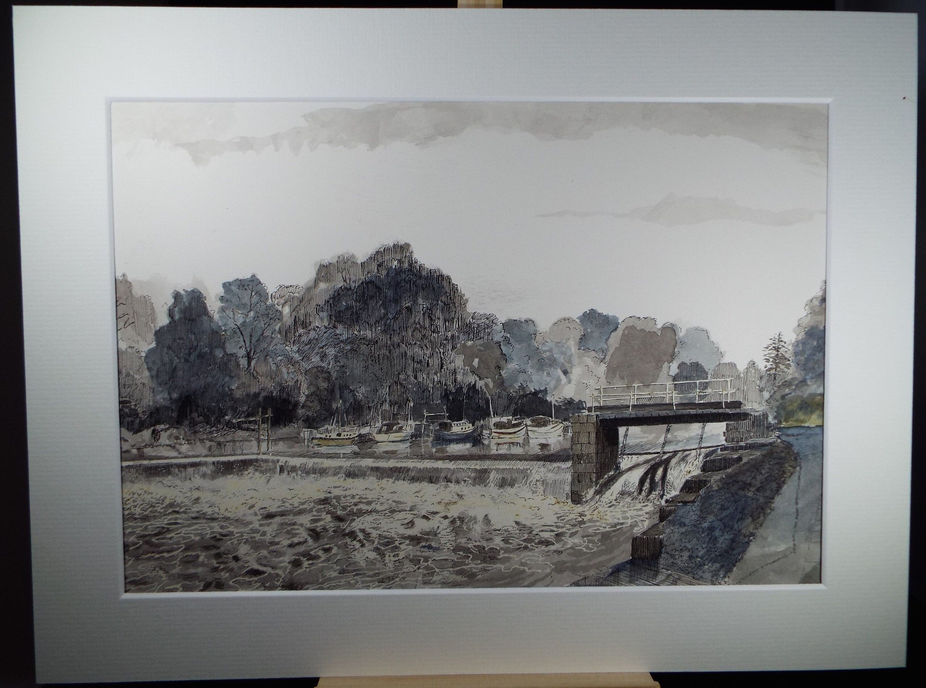 Naburn Weir, Original pen and ink, circa 1980, E F Heathfield