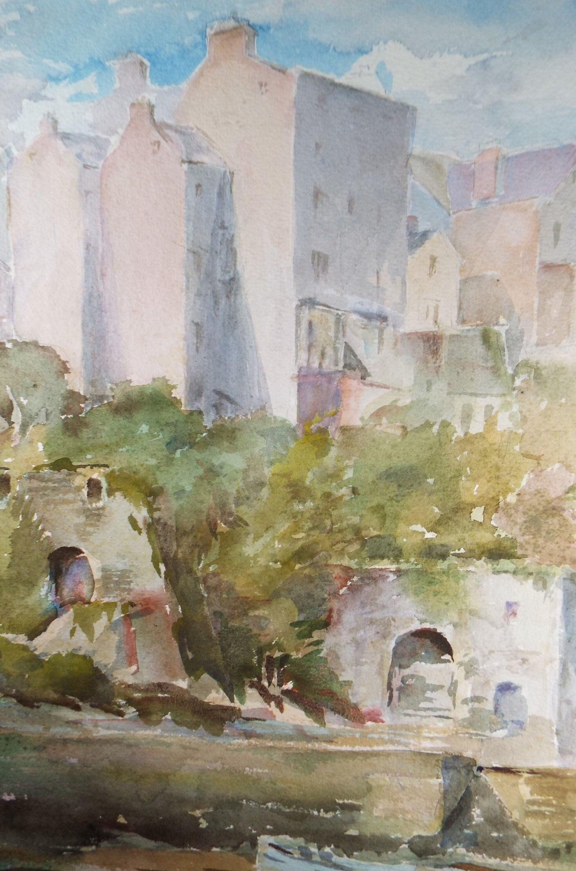 Original Watercolour, 'Town above the River', Circa 1950's, C R Chase (1893-1988)