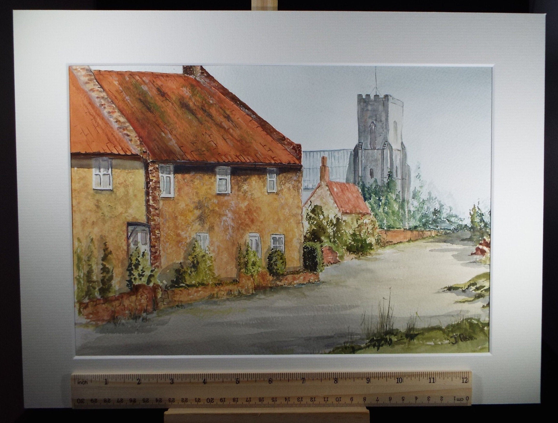 Original Watercolour, 'Village Street with Church', Circa 1990's, Artist unknown