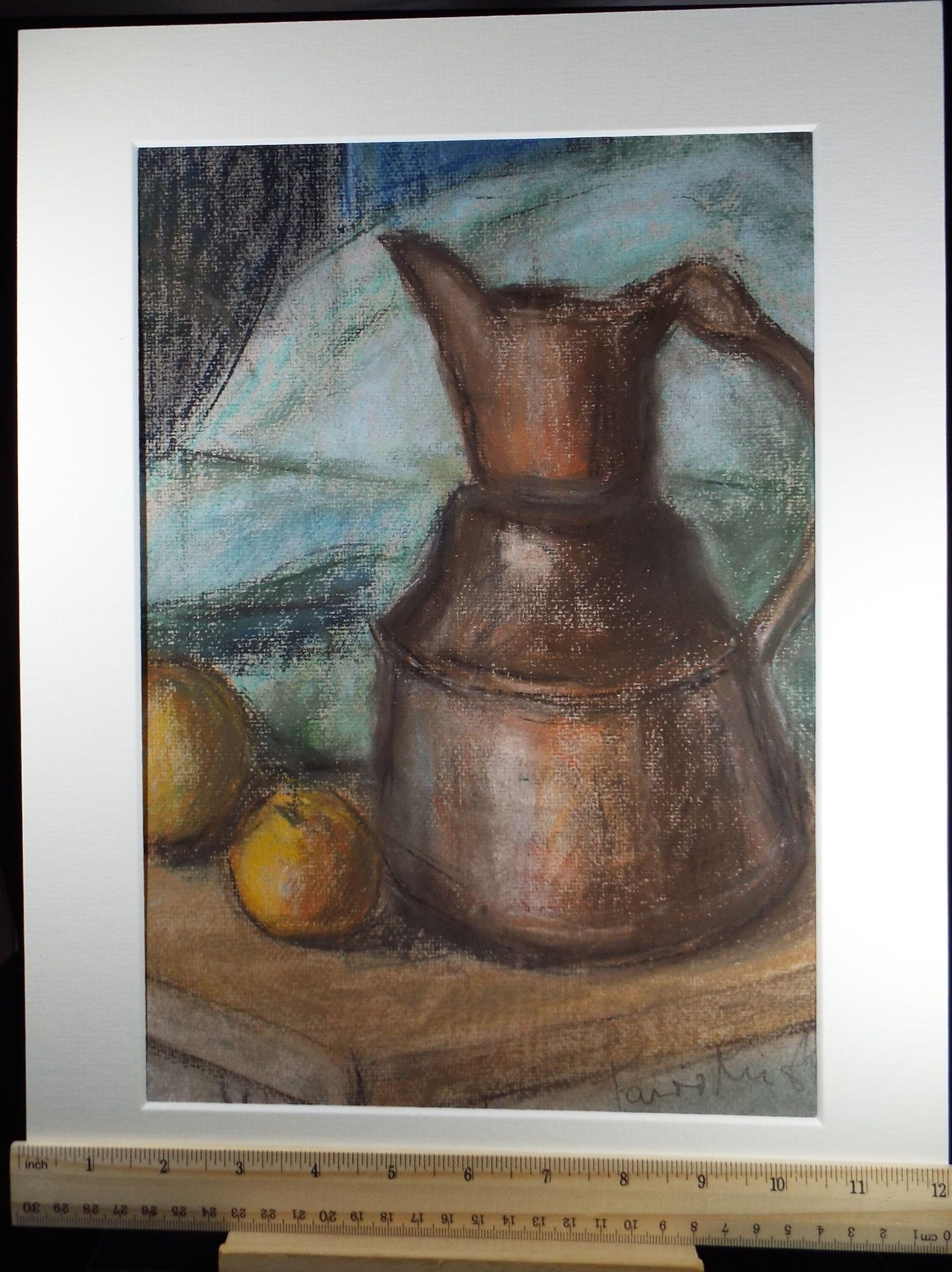 Original Pastel Drawing, 'Still life of jug and fruit', circa 1970's , Paivio Knighton (active 1968-c1986)