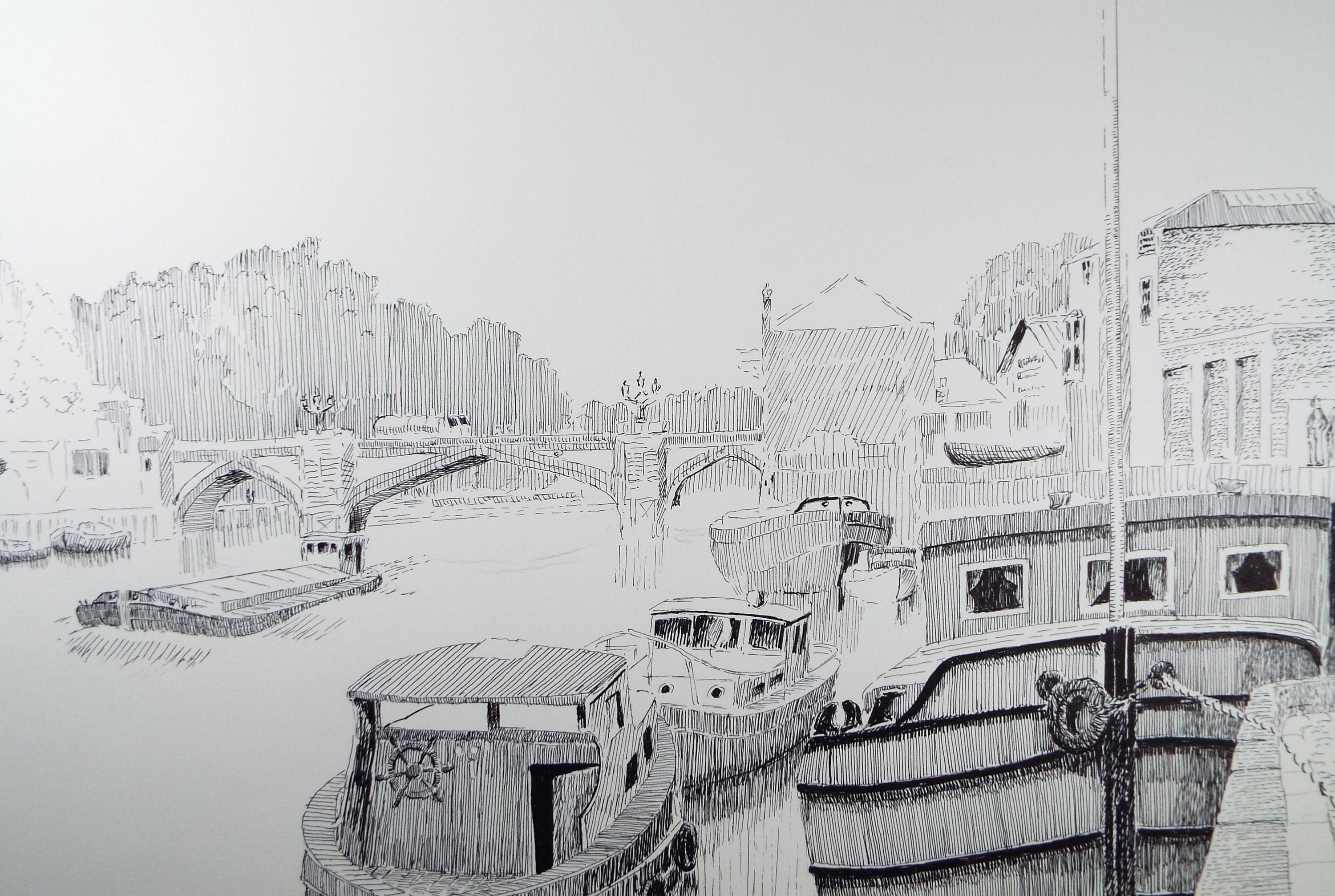 Original pen and ink, 'Houseboats on the River', circa 1980, E F Heathfield