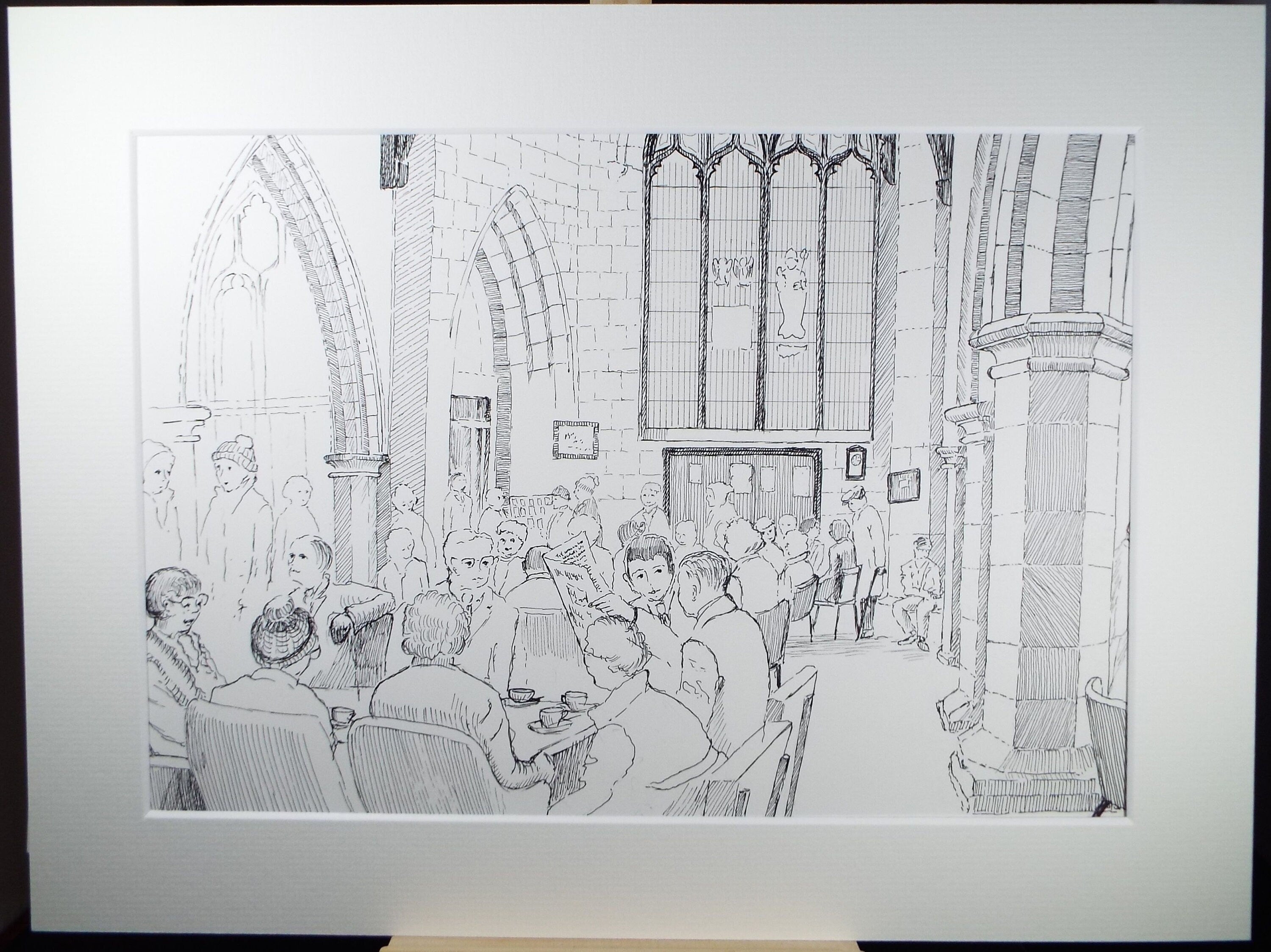 Original pen and ink, 'The Cathedral cafe', circa 1980, E F Heathfield