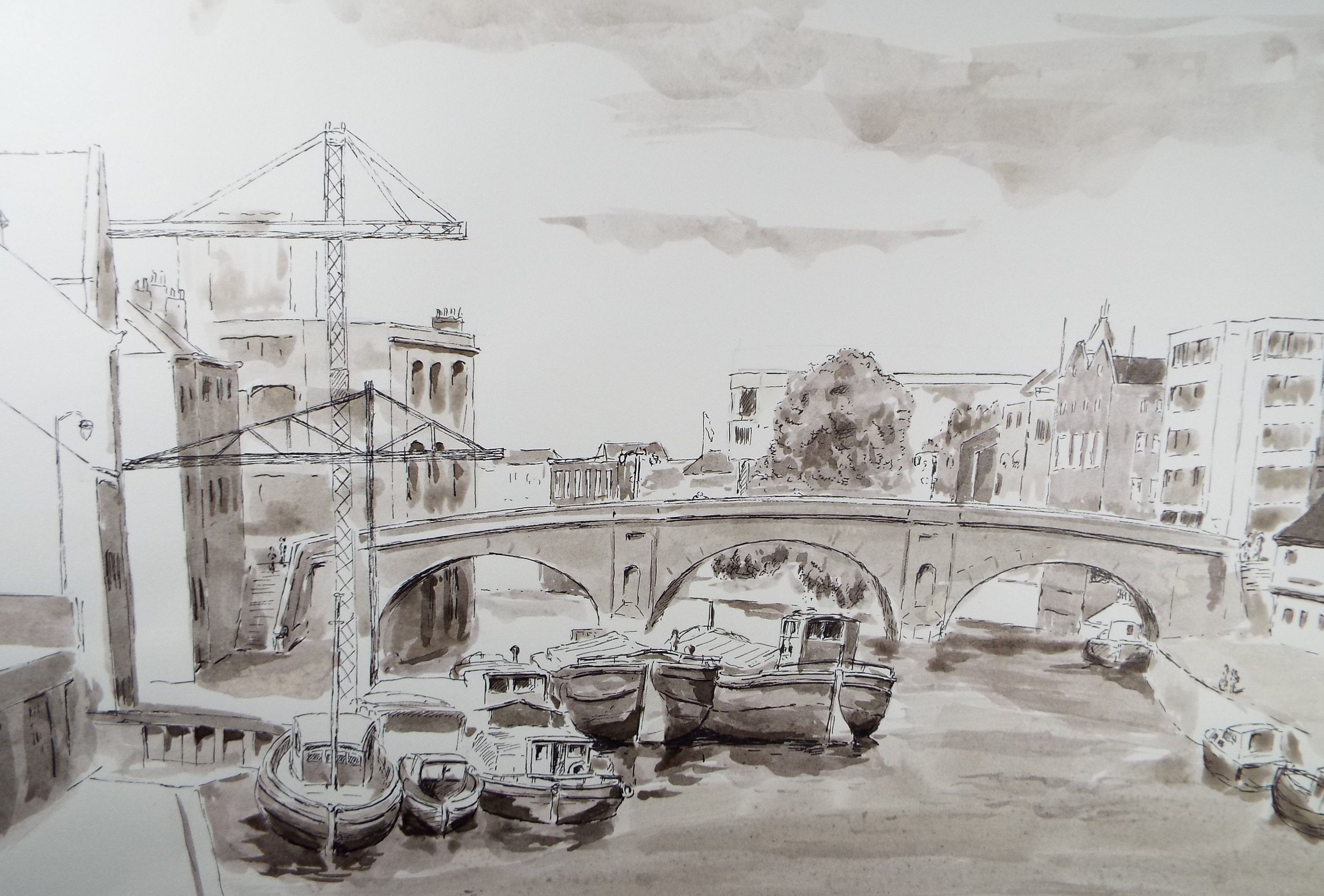 Original ink & wash, 'River through the town with barges, circa 1980, E F Heathfield