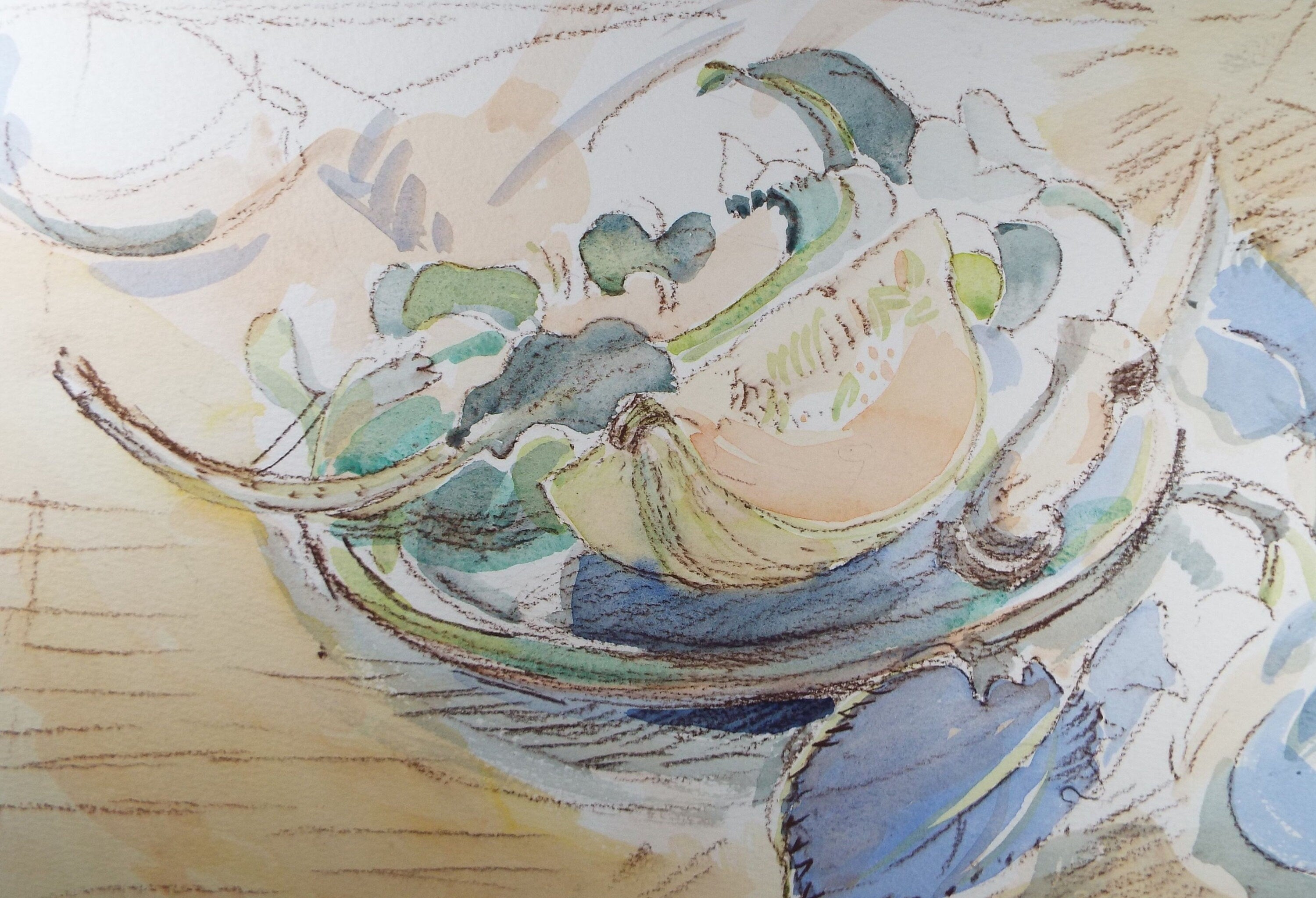 Original Watercolour, 'Still Life of Melon', Circa 1990's, Artist Unknown