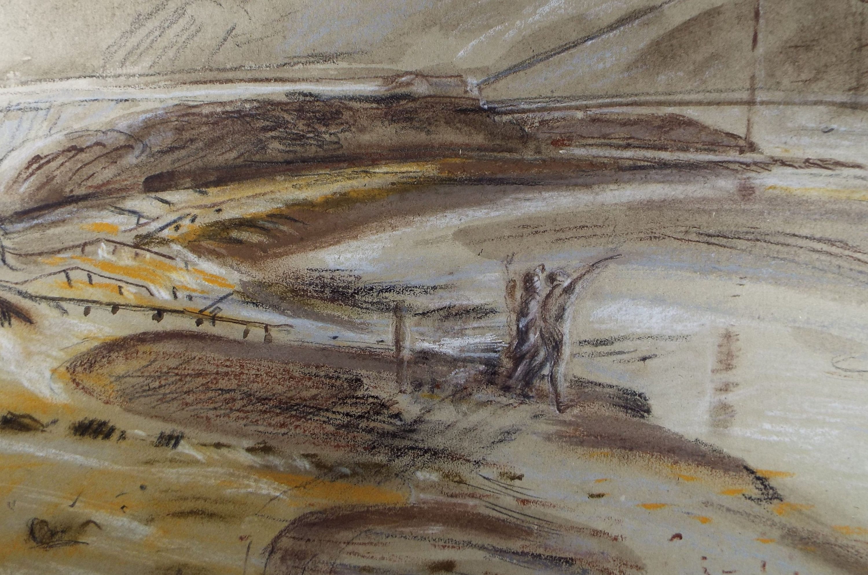 Original Pastel Drawing, 'Coast with Figures', c1990's, Unknown Artist