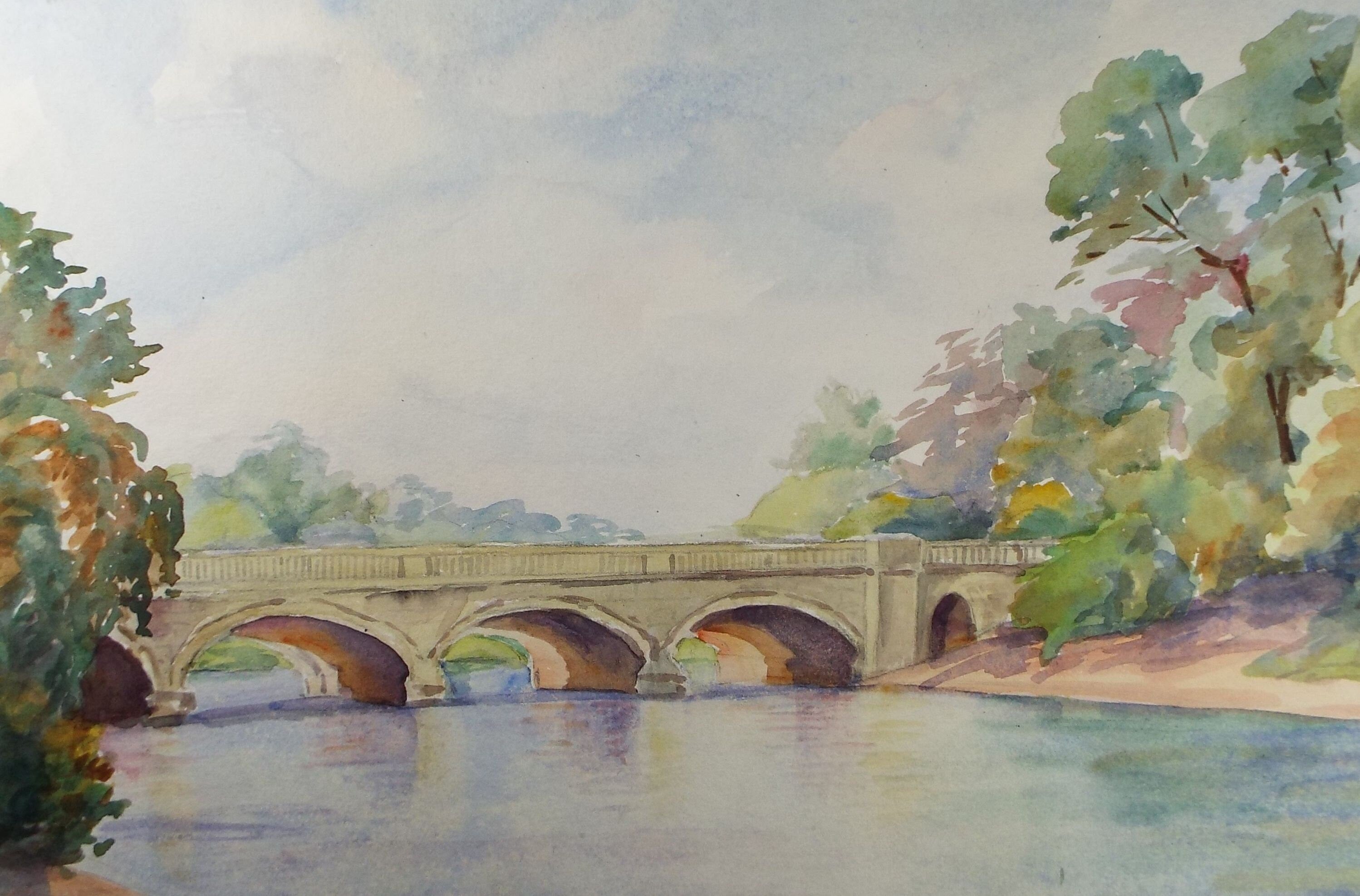 Original Watercolour 'Bridge over the lake', Mid 20th Century, Artist Unknown