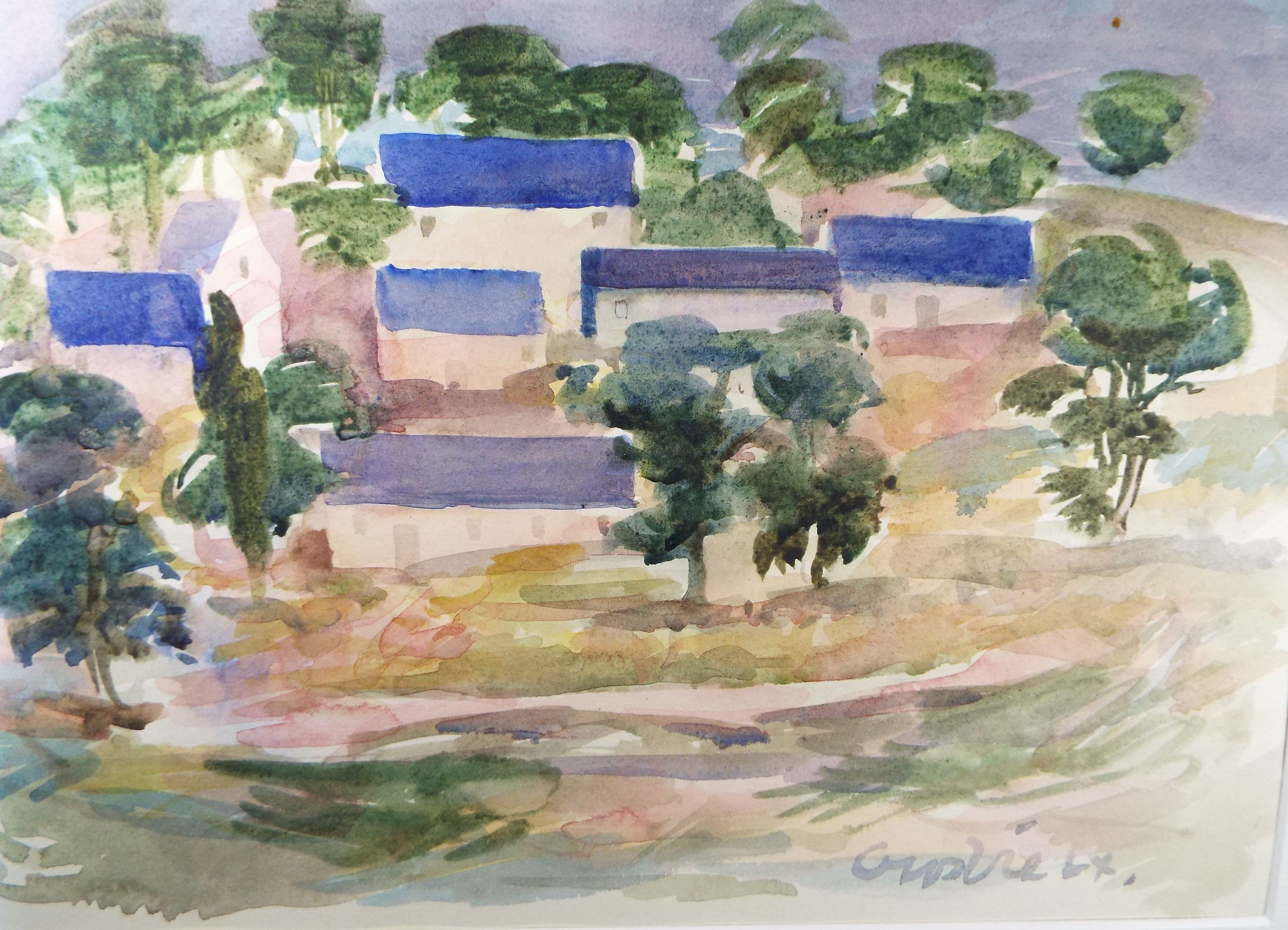 Original watercolour on paper, 'Blue roofed Spanish village', William Crosbie RSA, RGI (1915-1999), dated 1960.