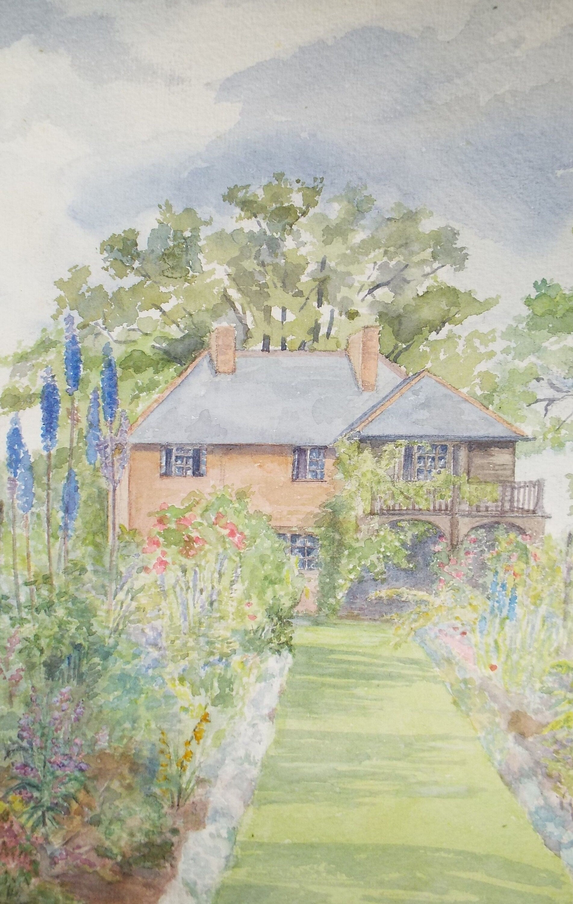 Original Watercolour, 'Suburban Cottage Garden', Mid 20th Century, Artist Unknown